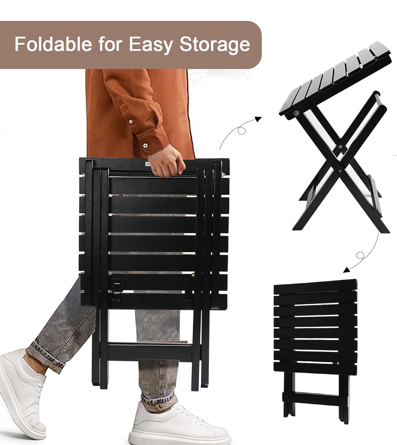 Outdoor Patio Side Table Set of 2 Small Wood End Square Table Folding Coffee Furniture for Living Room, Bedroom, Plant Stand, Camping Portable Black