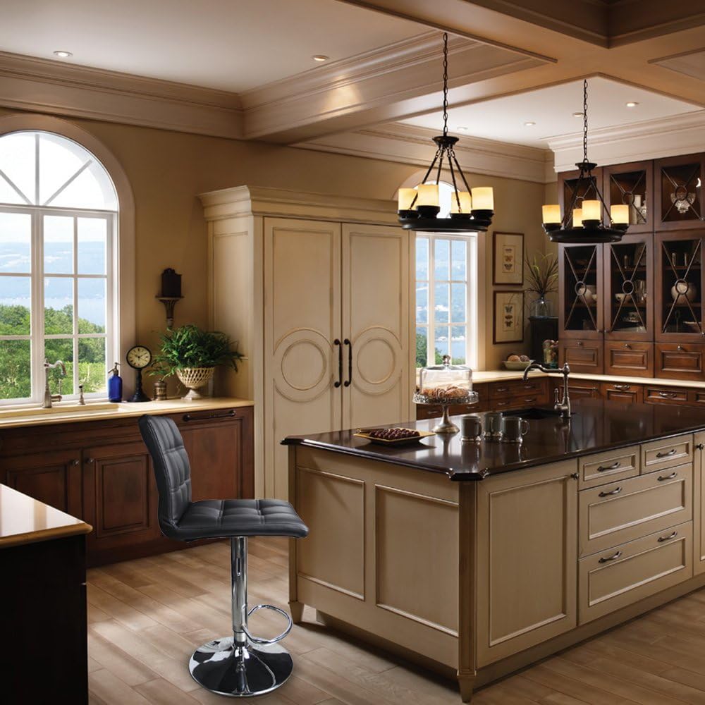 Leopard Modern Square PU Leather Adjustable Bar Stools with Back, Squre Back Bartool, Counter Height Swivel Stool, 1 Chair (Black)