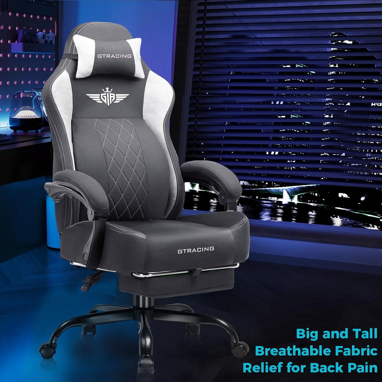 GTPLAYER Big and Tall Gaming Chair Breathable Fabric Computer Chair with Strong Lumbar Support, Comfortable Office Chairs with Pocket Spring Cushion, High Back Ergonomic Desk Chairs with Footrest