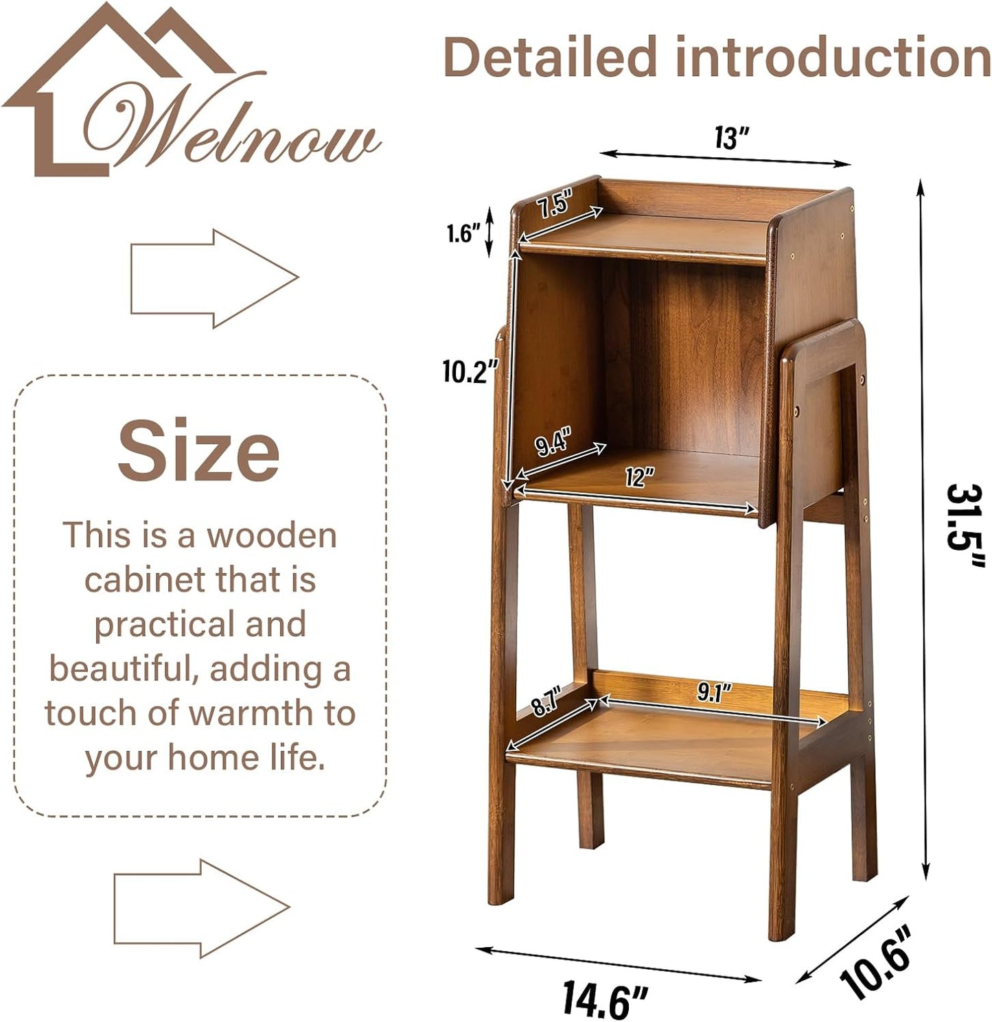 Welnow Bamboo Bookcase with Cabinet, Natural End Table with 1-Tier Storage Shelf, Modern Bedside Organizer Side Table for Bedroom or Living Room, Walnut Bookshelf with Open Space