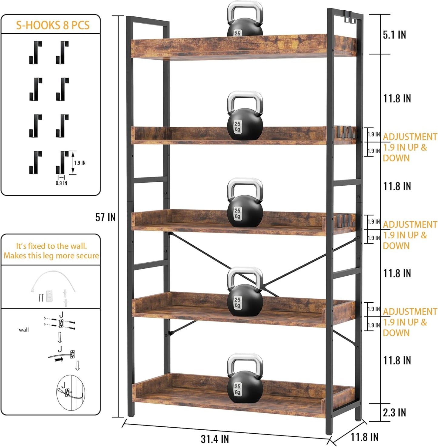 HCHQHS 5 Tier Bookshelf, Adjustable Industrial Bookcase, Vertical Tall Book Shelf, Wood and Black Metal Open Bookshelves for Home Office, Living Room, Bedroom