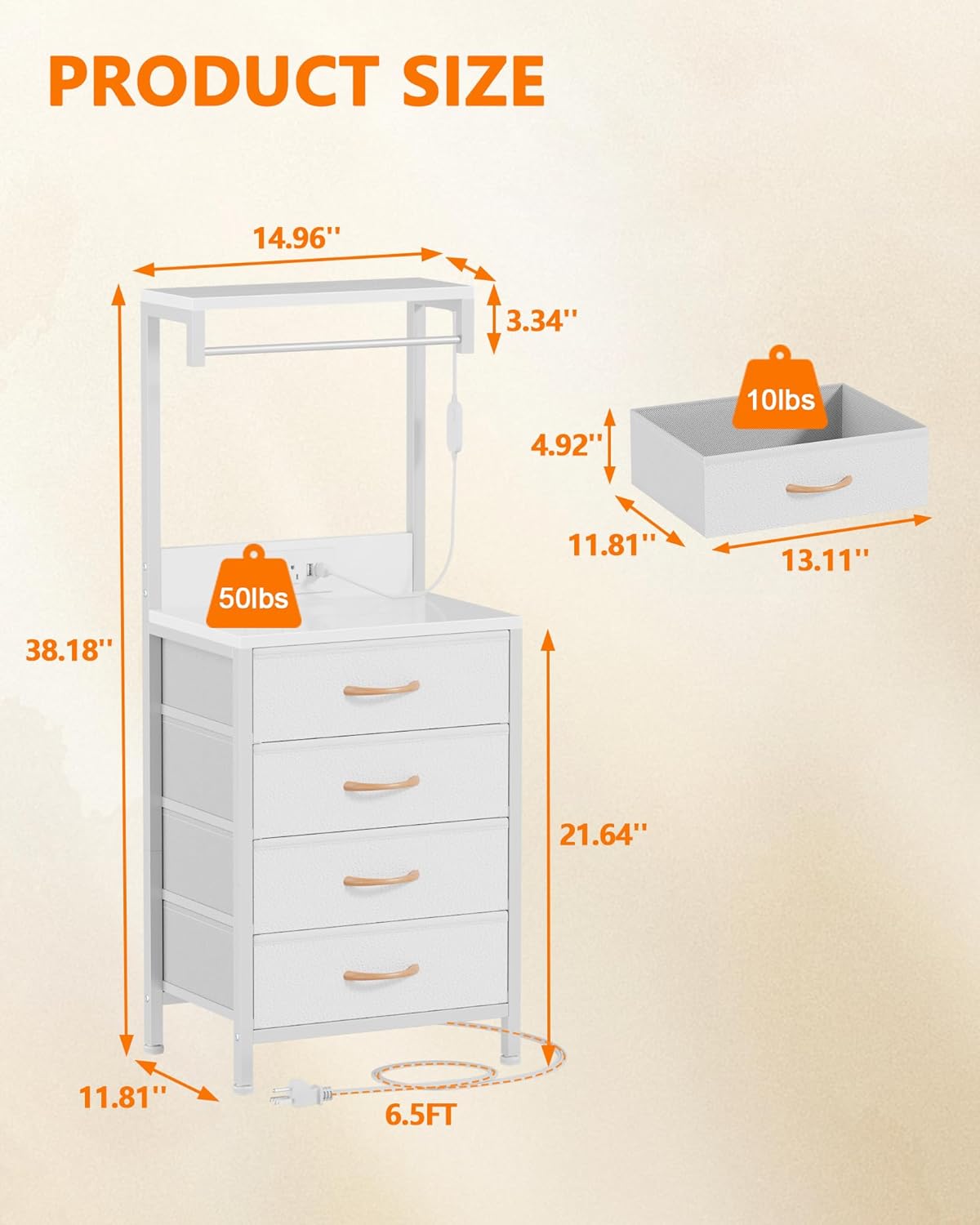 Furnulem Nightstand, White Tall Night Stand with Charging Station and LED Lights, Bedside Table for Bedroom, Office, Hallway, 4 Fabric Drawers, Metal Frame, Wood Shelves