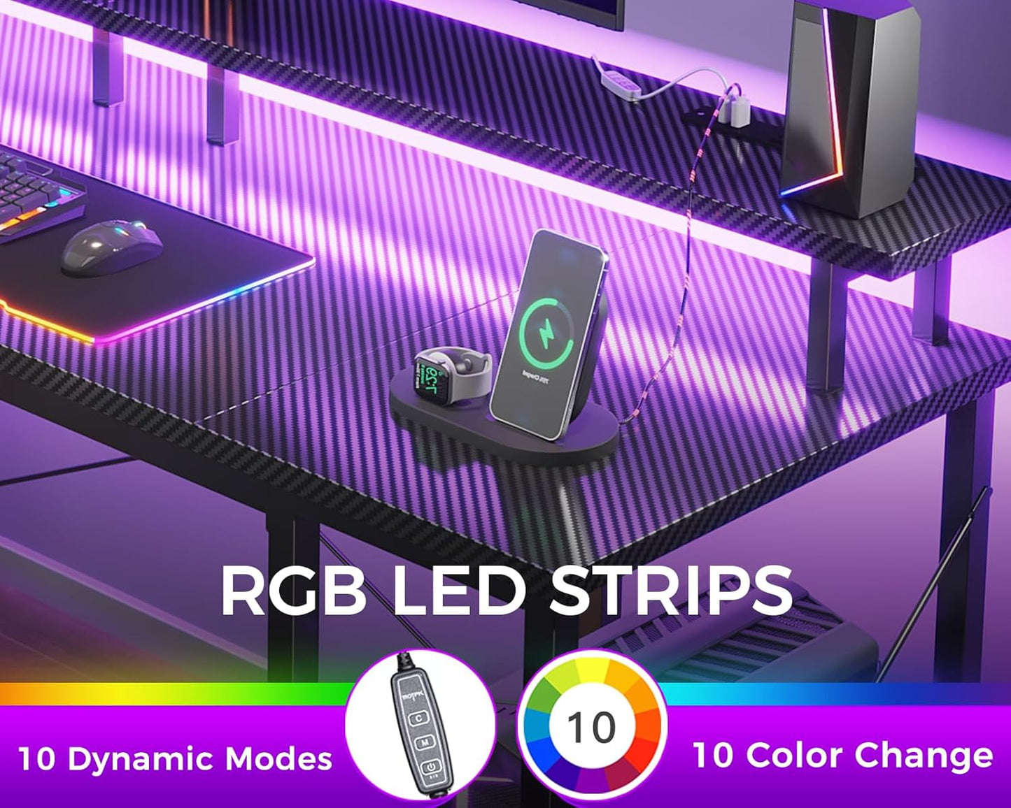 ODK 63 Inches Gaming Desk with LED Lights, Computer Desk with Monitor Stand, Pc Table with CPU Stand, Carbon Fiber Black