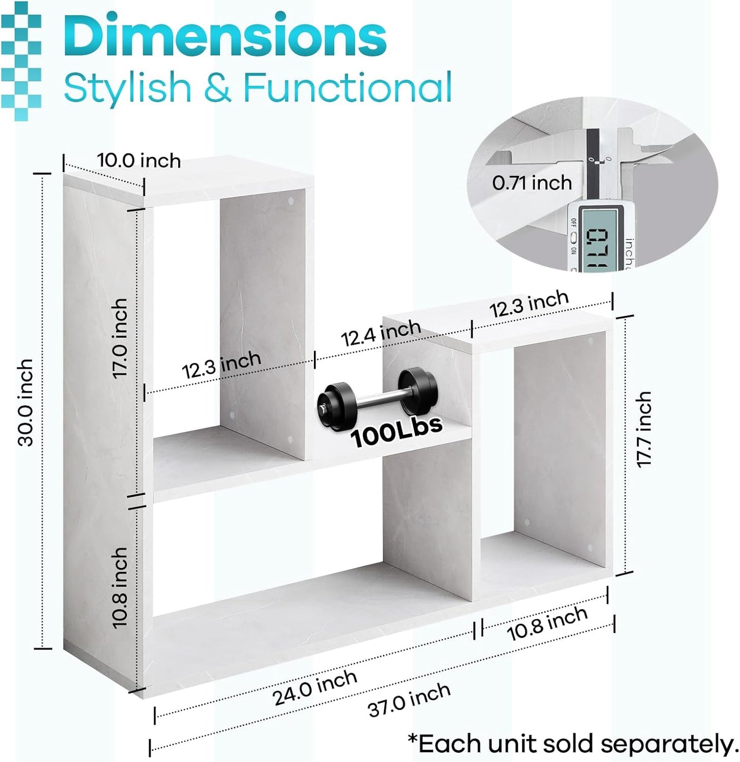 Kaboon Free-Form Modular Shelving Unit, Freestanding Bookcase 10 Inches Deep, Display Shelf Storage Organizer for Home Office, White Rock