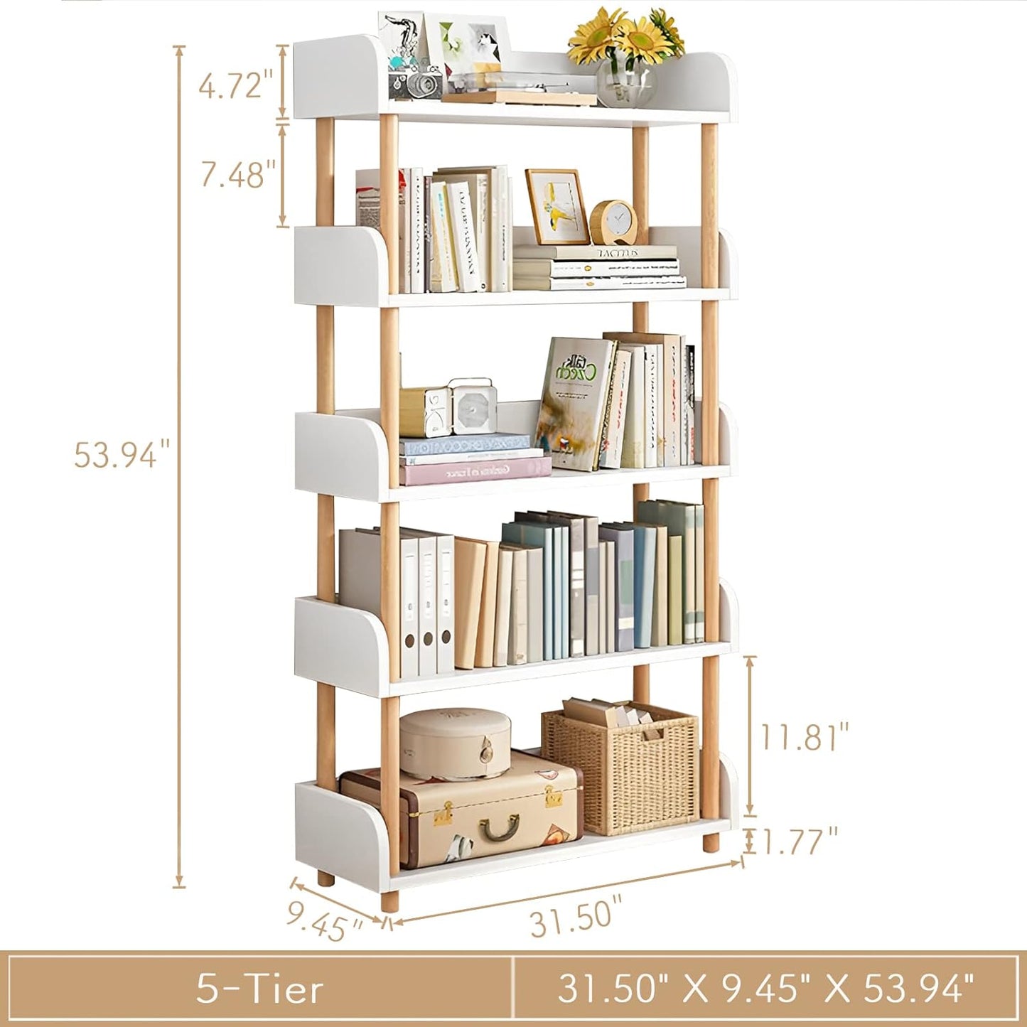 5-Tier Wooden Open Bookcase - Modern Display Bookshelf with Side Panels and Solid Wood Frame for Home and Office, Shelf Unit in Warm White