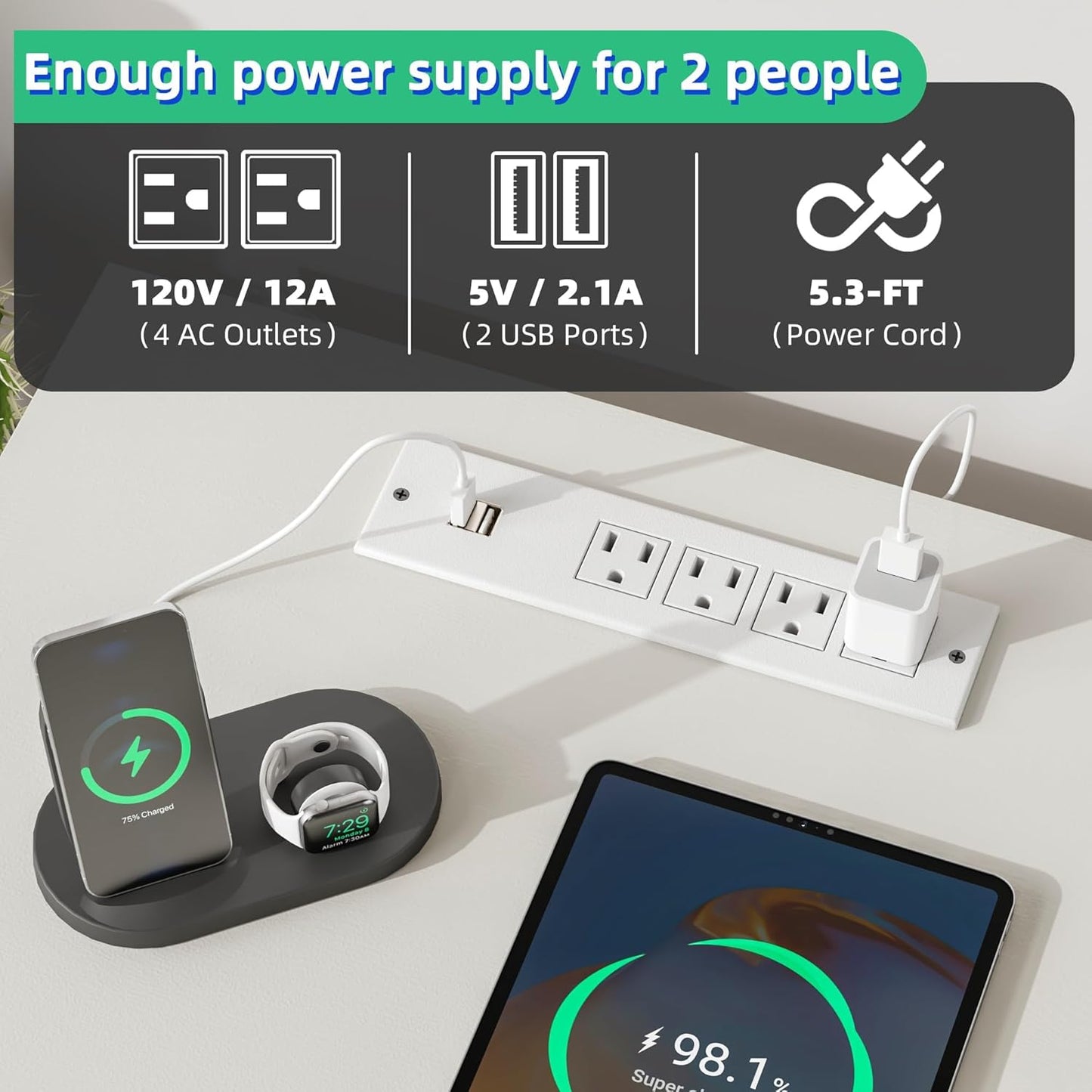 93'' Two Person Desk with Charging Station, Long Desk with 3 Drawers and Printer Shelf, Double Computer Desk, Fabric Drawers, 2 Person Writing Study Table Workstation for Home Office, White