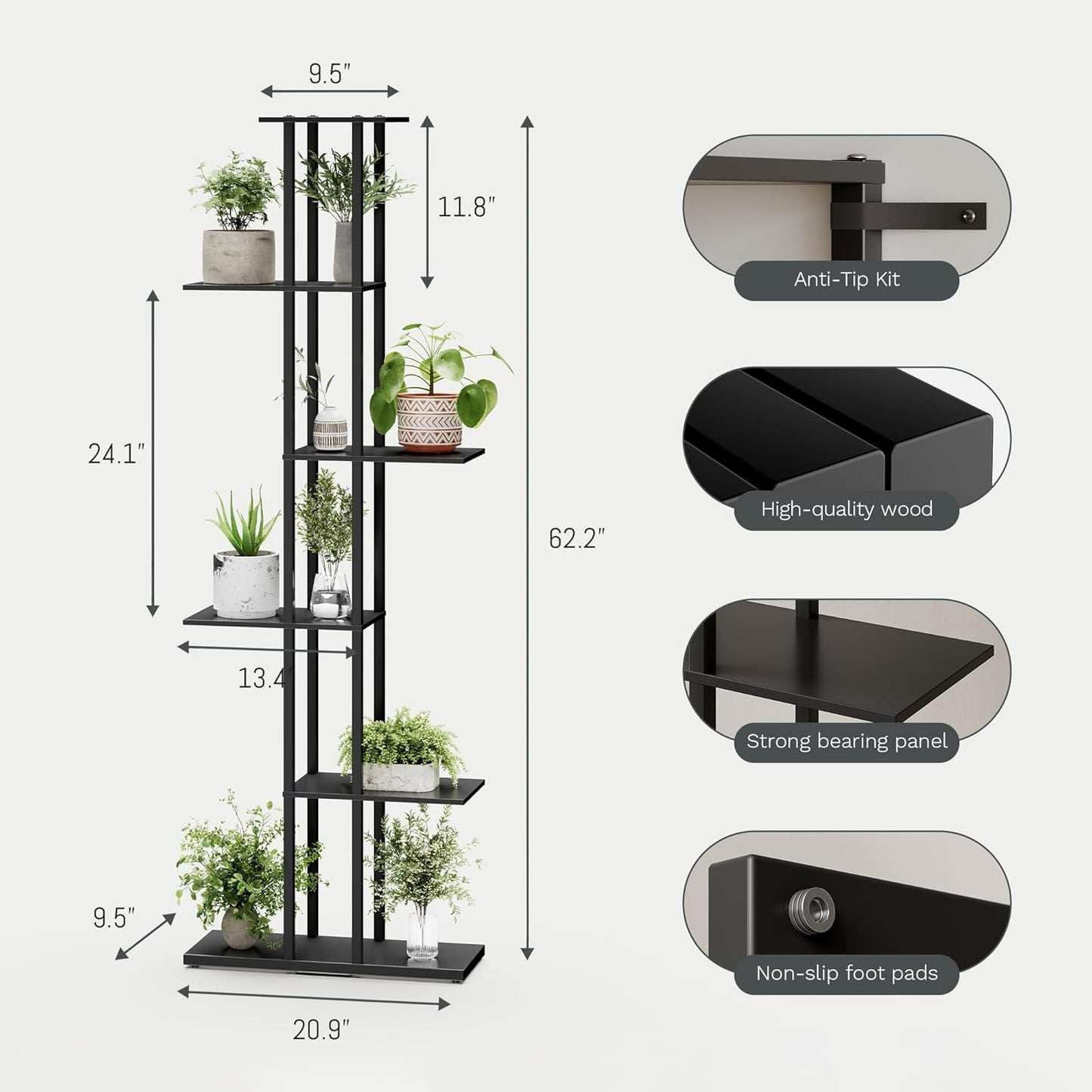 Bookshelf，Small Bookcase for Small Space，6-Tier Bookshelf for Living Room, Home Office, Study，9.45 x 20.8 x 62.2 Inches,Black