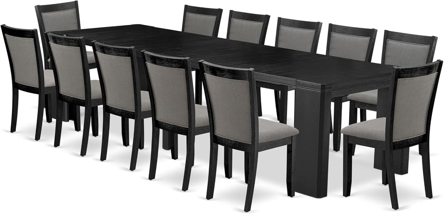 X12MZ-006-50 - 13-piece Dining Room Table Set a Rectangular Kitchen Table and 12 Dark Gotham Grey Linen Fabric Dining Chair, 39x120 Inch, Wire Brushed Black