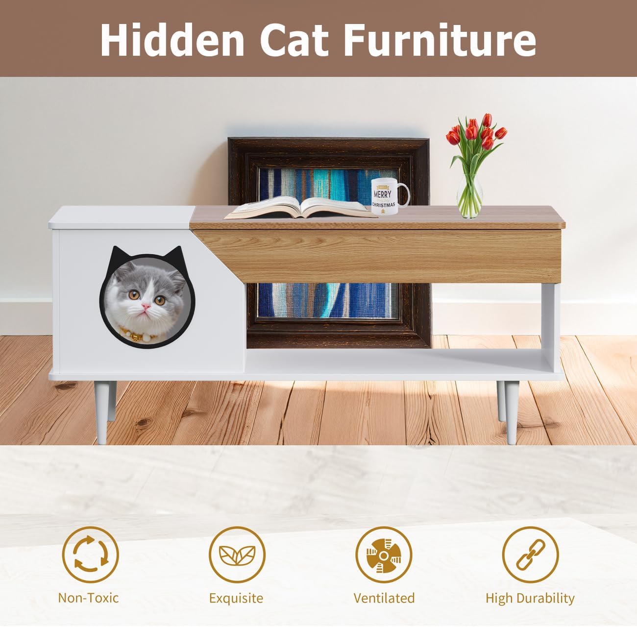 GAOMON White Coffee Table 45'' Cat Living Room Tables with Storage Drawer, Wooden Rustic Coffee Table with Cat House, Multifunctional Hidden Kitty Litter Box Furniture