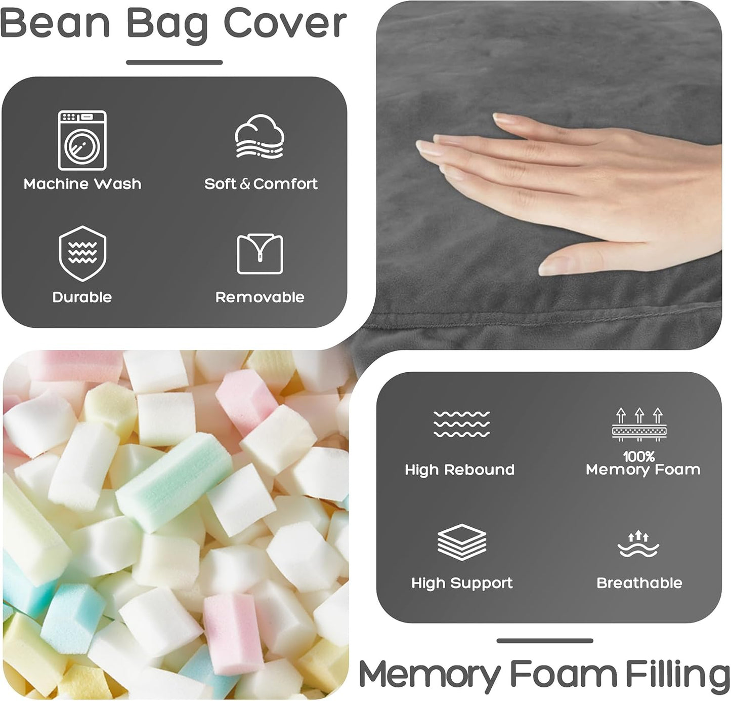 HABUTWAY Bean Bag Chair: Giant 4' Memory Foam Furniture Bean Bag Chairs for Adults with Microfiber Cover 4Ft (Grey)