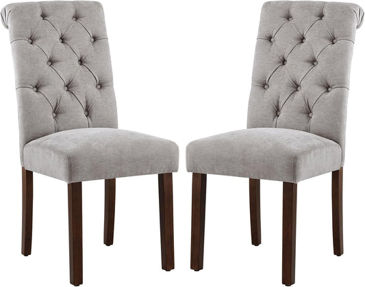 COLAMY Button Tufted Dining Chairs Set of 2, Parsons Upholstered Fabric Dining Room Chairs Kitchen Chairs with Wood Legs and Padded Seat, Light Grey
