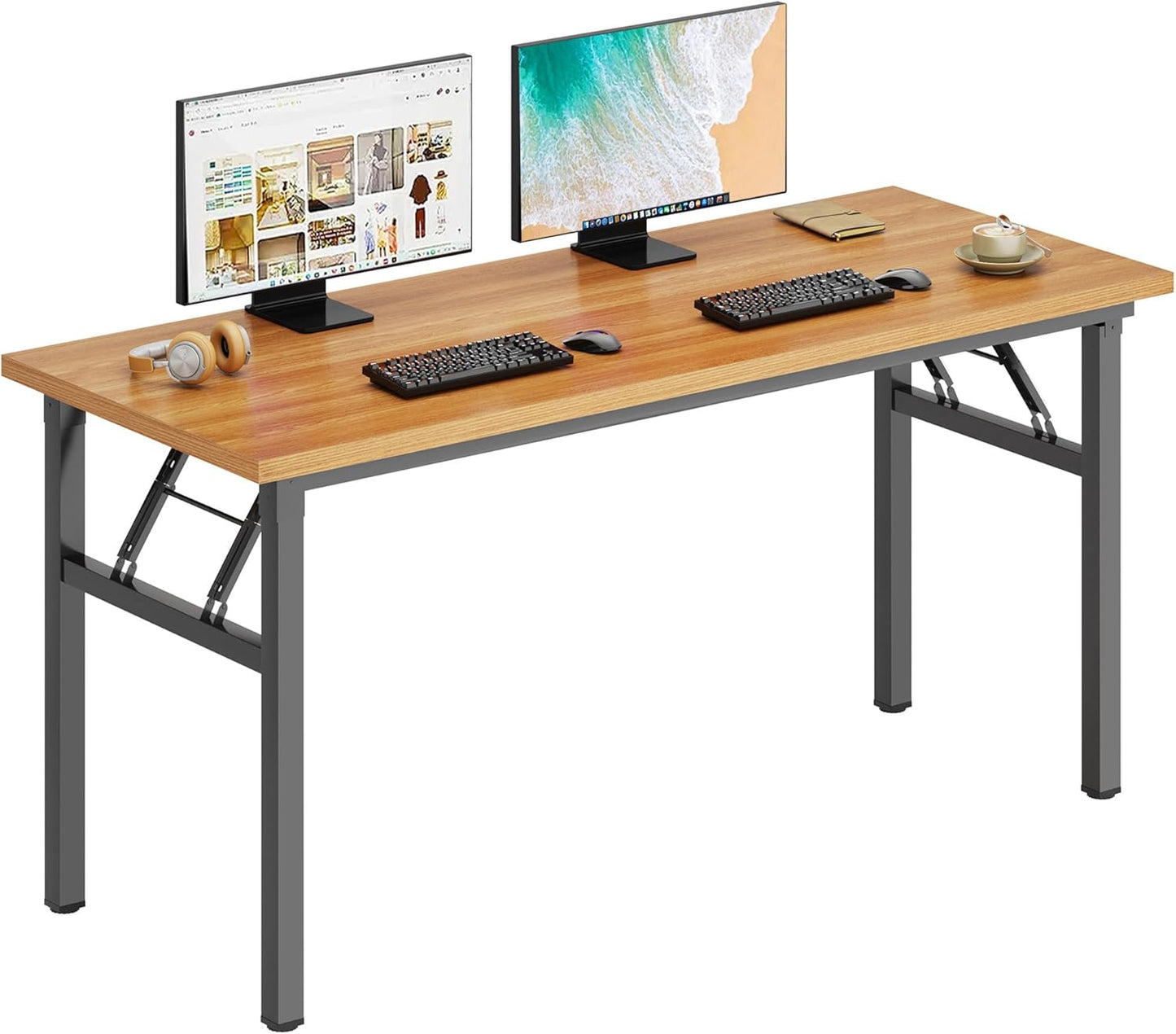 DlandHome Large Computer Desk, Folding Desk, Decent and Steady Home Office Desk/Workstation/Table 54.3inch Teak Black