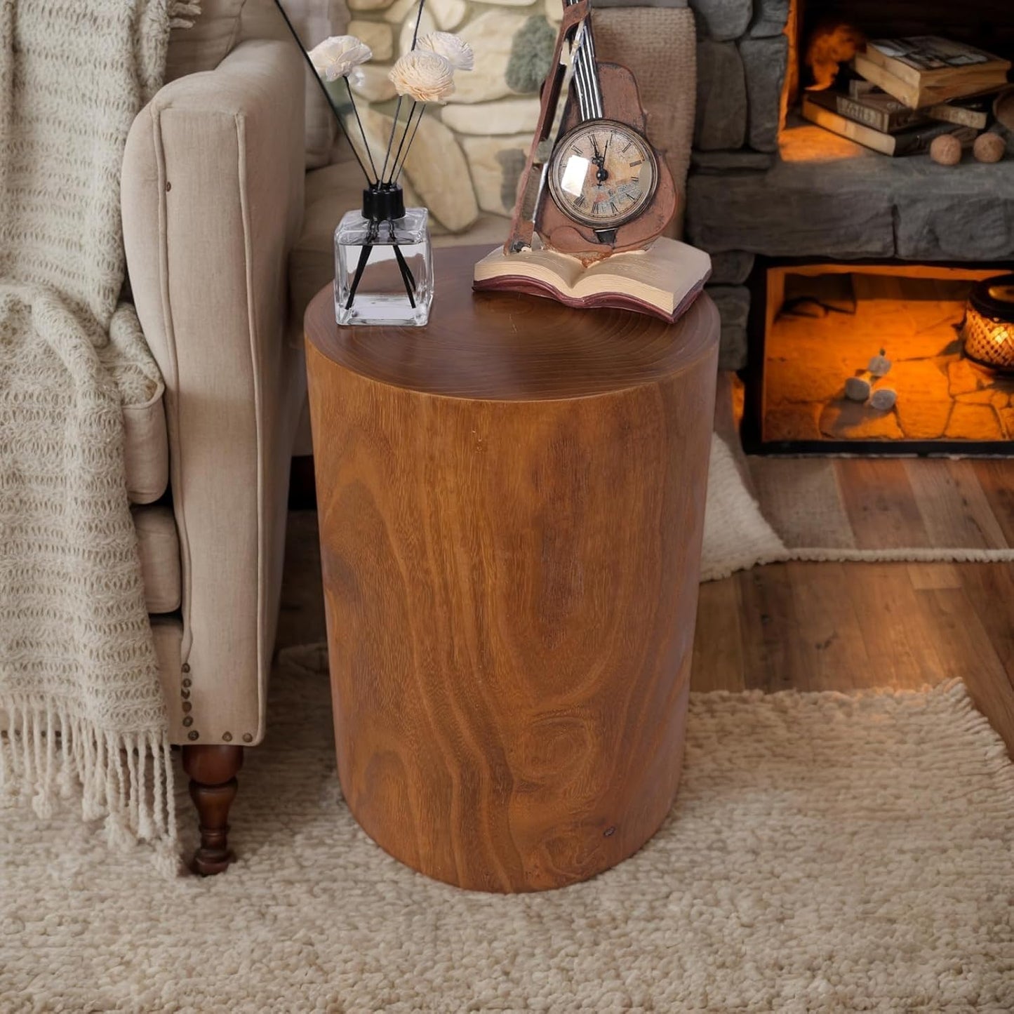 Athaliah Wooden Tree Stump End Table, 15.75" Paulownia Wood Hand Carved Rustic Wood Side Table, Wood Stump for Plant Stand Decor Nightstands Stool Indoor Outdoor