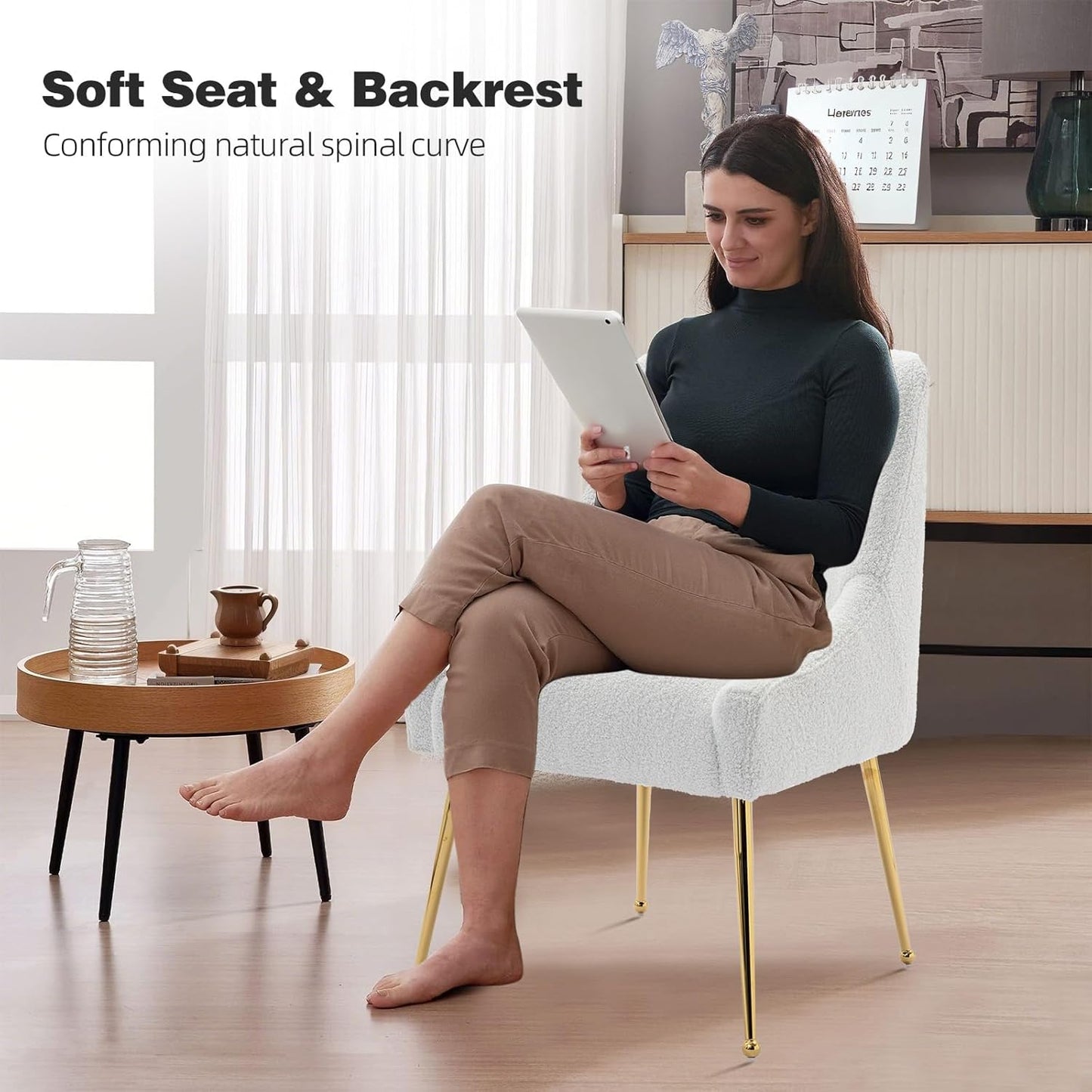 Dining Chairs Medieval Modern Restaurant Chairs, Soft Cushions, Teddy Velvet, Polished Gold Metal Legs, Kitchen Chairs, Living Room White 4-Piece Set