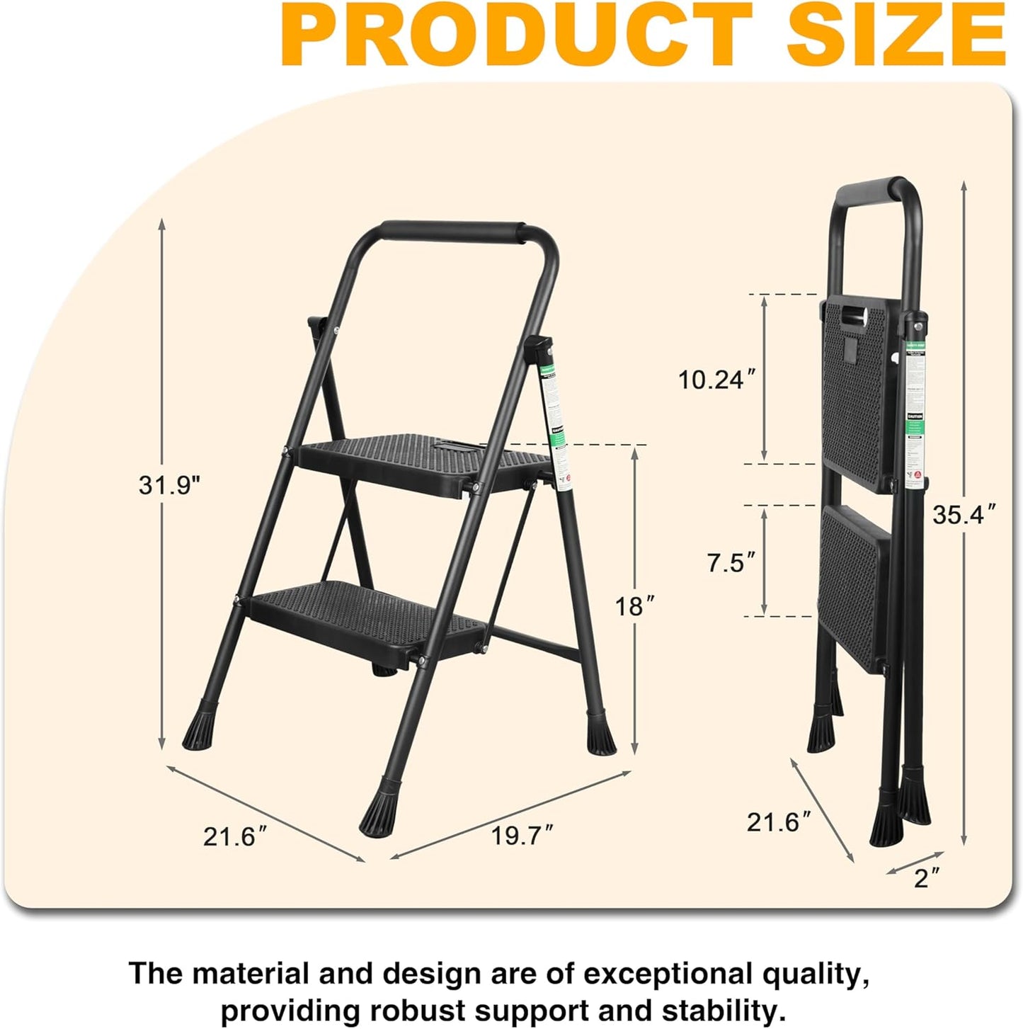 2 Step Ladder, Portable Steel Folding Step Stool with Wide Anti-Slip Pedal & Convenient Handgrip, 500lbs Sturdy Steel Ladder, Black