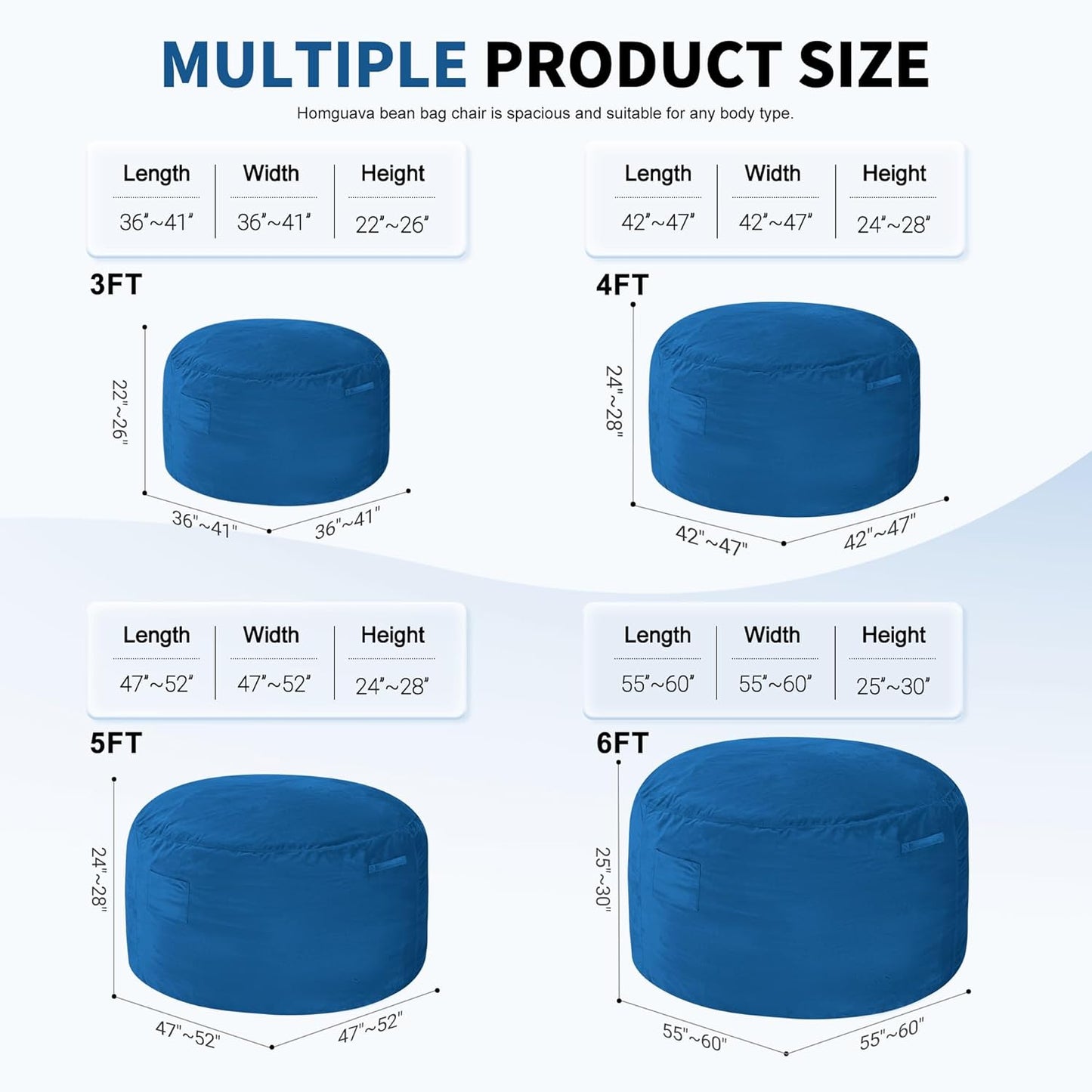 Homguava 5FT Bean Bag Chair Giant BeanBag with Memory Foam Filled, Comfy Bean Bag Chairs for Adults, Adult Bean Bag Chair with Dutch Velvet Cover for Living Room Bedroom-Blue