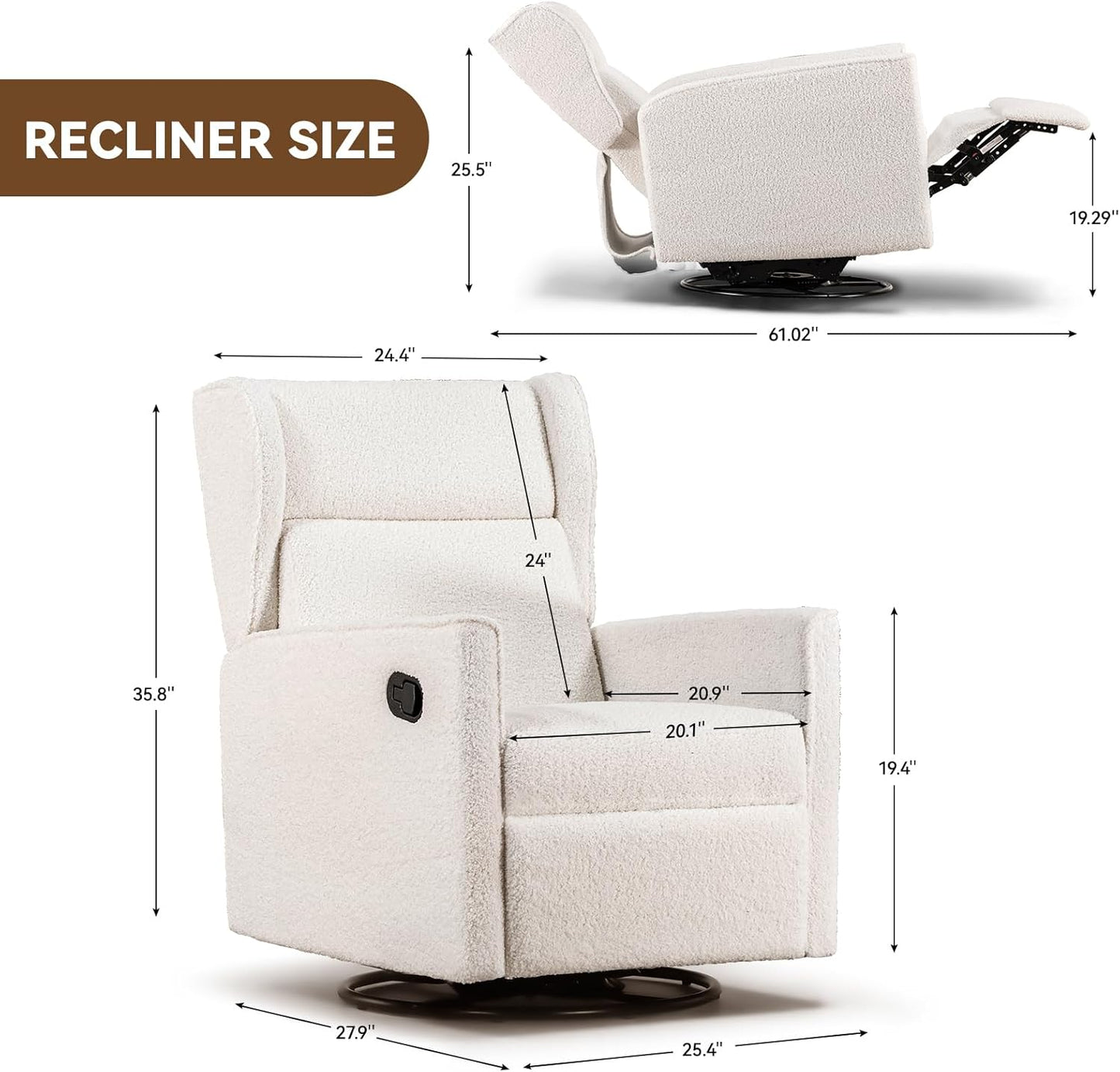 COMHOMA Nursery Rocking Chair Teddy Upholstered Swivel Rocker Recliner Manual Glider Reclining Chair for Living Room Bedroom Offices (Beige, 1 PCS)