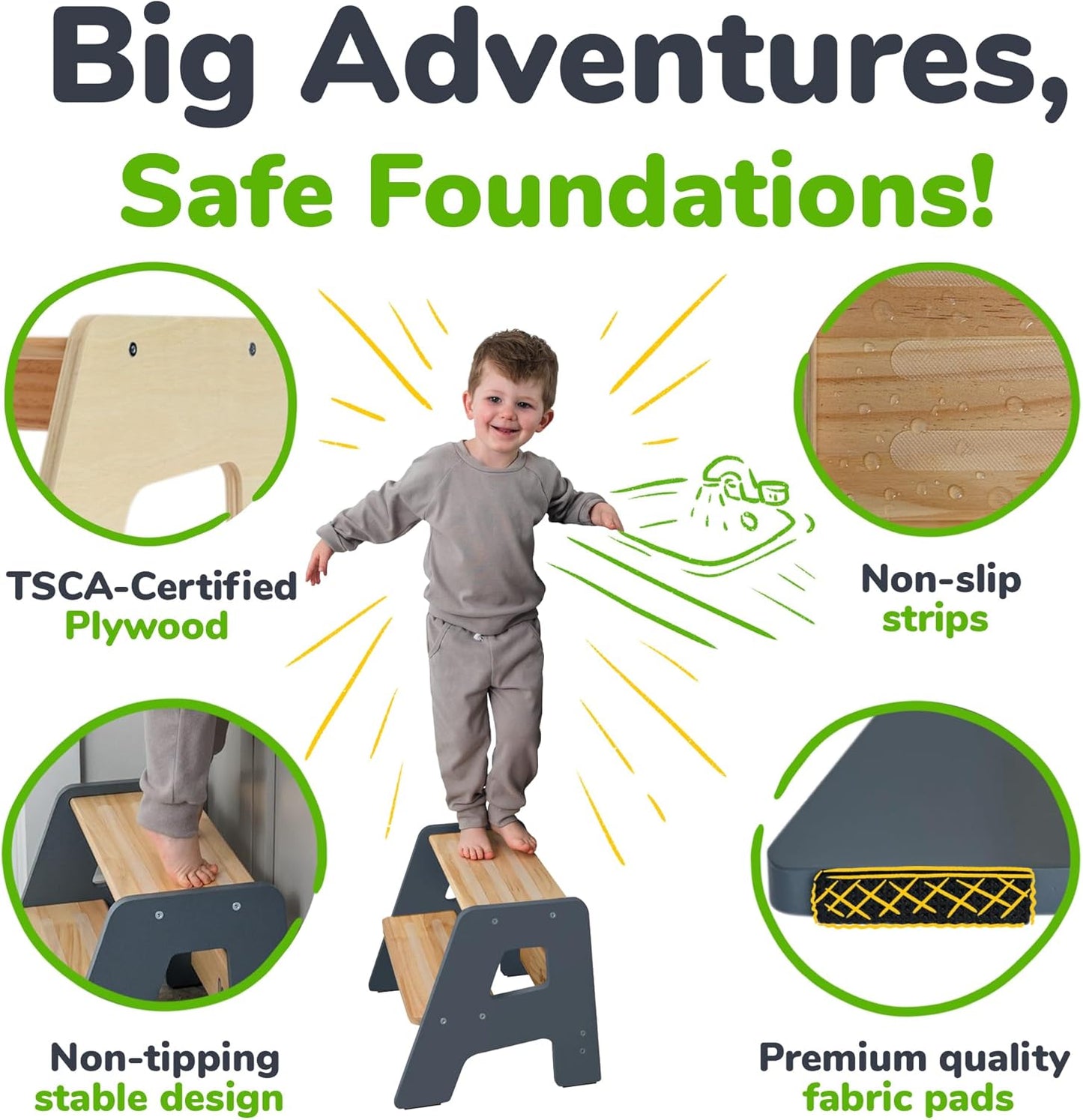 2-Step Wooden Step Stool for Toddlers | Kids Stool for Bathroom Sink & Kitchen Use | Non-Slip Step | Wooden Stool for Children Ages 2+ Years Gray