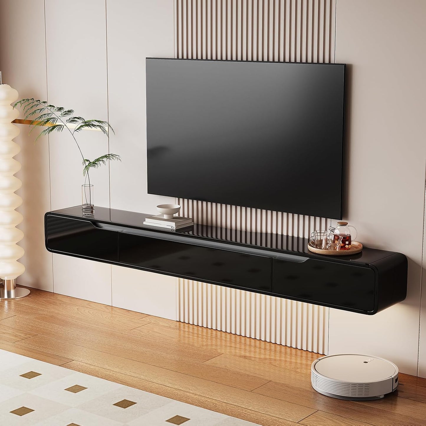 High Gloss Floating TV Stand with 3 Doors,55'' Wall Mounted TV Cabinet,Under TV Console,Floating Media Shelft for Bedroom Living Room(Black)