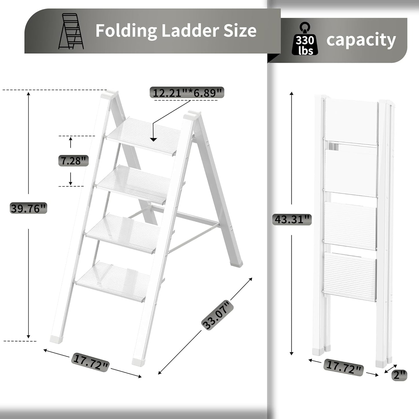 4 Step Ladder, Portable Folding, Lightweight Step Ladder with Anti-Slip Pedal, Aluminum Indoor Ladder and Closet, Kitchen, 330lbs - White