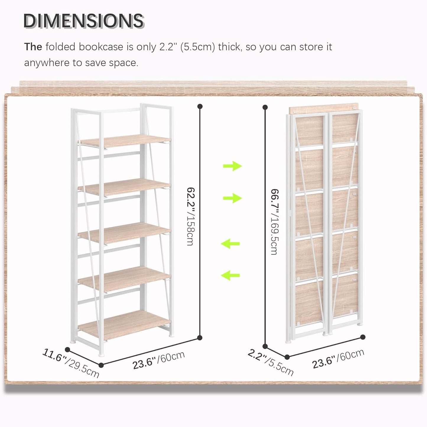 4NM No Assembly Folding Bookshelf, 5-Shelf 62.2" H Collapsible Foldable Bookcase Storage for Small Spaces, Natural White