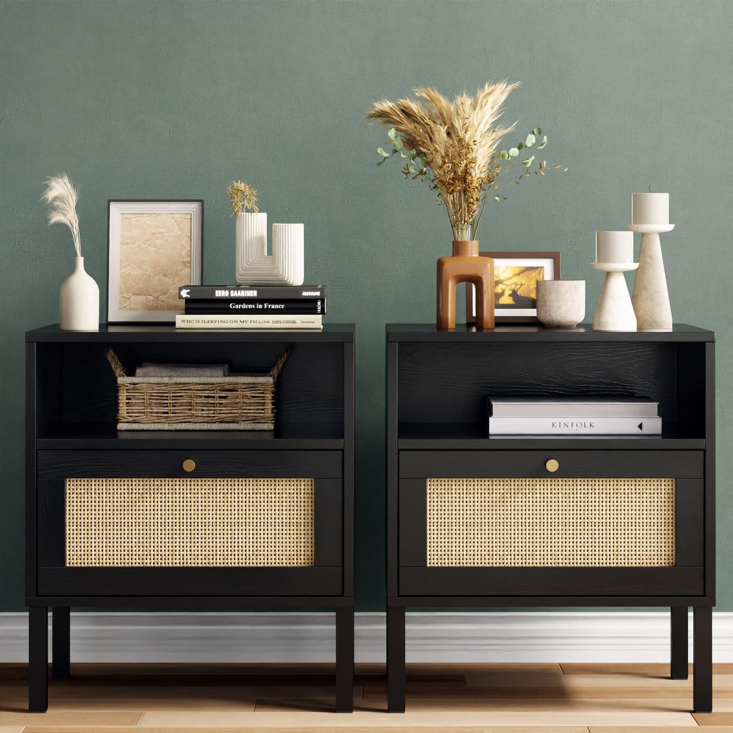 Rattan Night Stand Set 2, Boho Bedside Table Black Nightstand with Rattan Door, Storage Cabinet, Open Storage Space & Sturdy Metal Legs, Accent Bed Side Table, Wood End Tables Bedroom