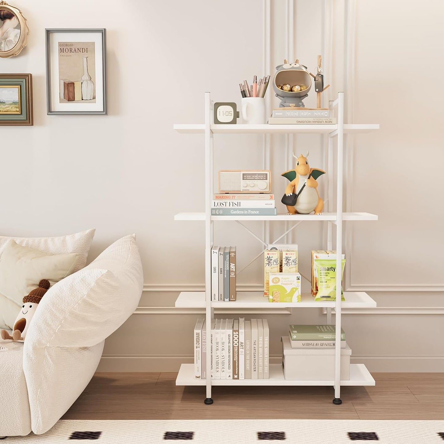 Bookshelf 4 Tiers White Wooden Storage Shelf,Modern Open Display Storage Bookcase Book Organizer,Metal Bookshelf Standing Storage Shelf Tall Shelving Units for Home Office Study