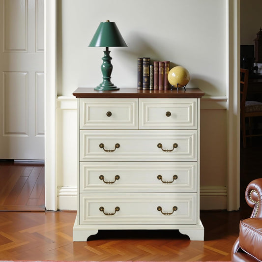 31.5" Farmhouse Sideboard Buffet Cabinet with Storage, Kitchen Buffet Storage Cabinet with 5 Drawers, Modern Wood Accent Sideboard for Living Room, Kitchen, Hallway(Antique Brown+White)