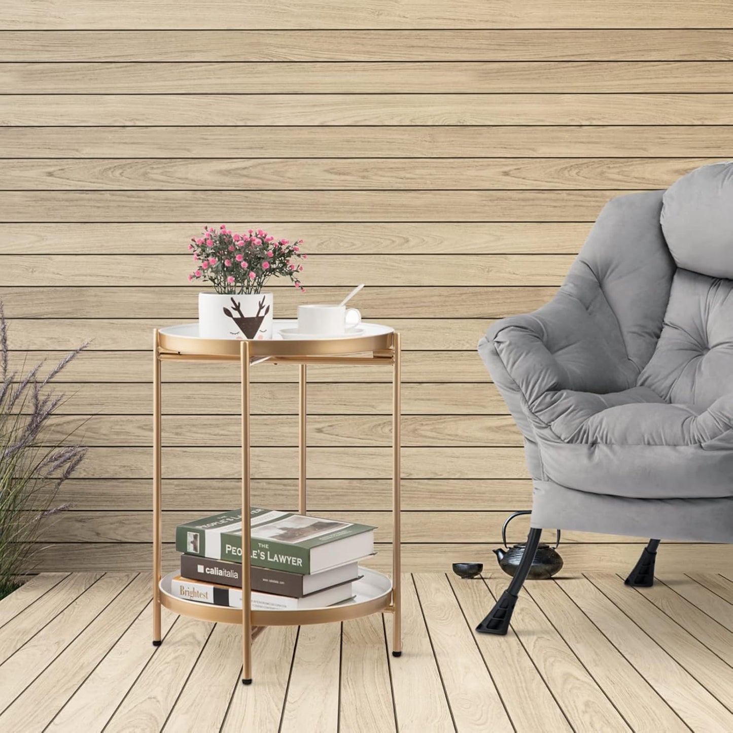 HollyHOME 2-Tier Round Gold Side Table, Outdoor Small Folding Accent Stand with Removable Tray, Anti-Rust Metal Asional Table for Balcony Patio Living Room, Nightstand for Bedroom(Gold&White)