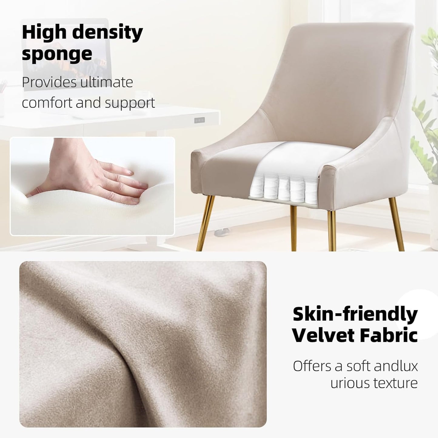 Velvet Dining Chairs Set of 2, Upholstered Dining Chairs with Polished Gold Metal Legs,Farmhouse Kitchen Side Chairs, Vanity Chairs, Accent Chair for Kitchen,Restaurant/Cafe(Beige)