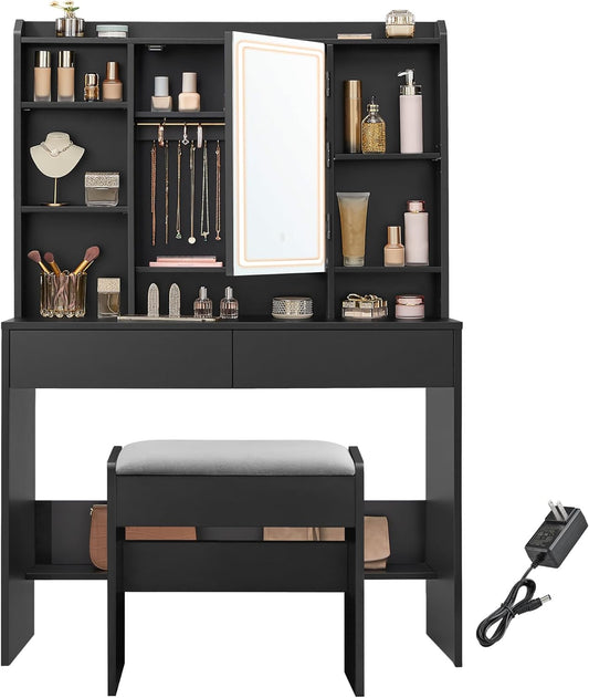 VASAGLE Vanity Desk with Mirror and Lights, Makeup Vanity with Upholstered Vanity Stool, Dimmable LED Lights, Adjustable Shelves, 7 Compartments, 2 Drawers, for Bedroom, Ink Black URDT131B01