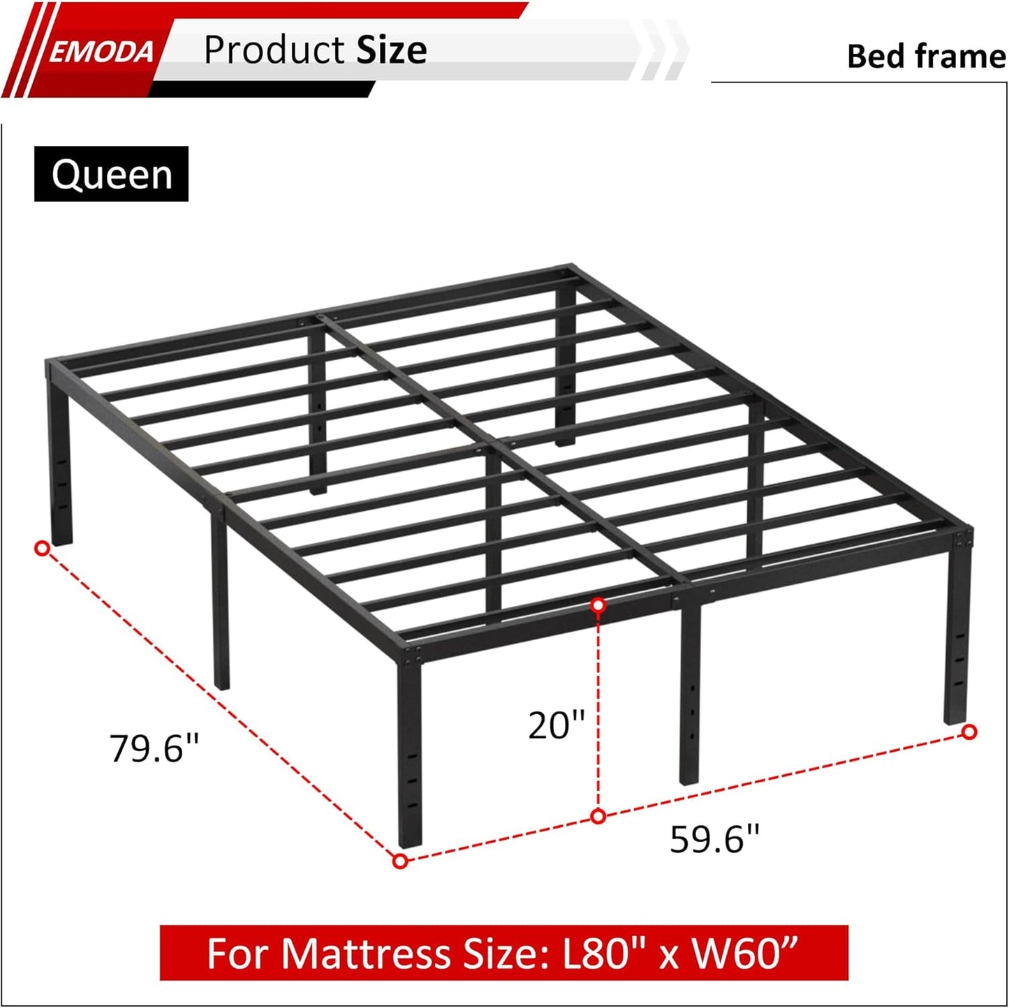 EMODA 20 Inch Queen Bed Frame No Box Spring Needed Heavy Duty Metal Tall Platform Bed Frame Queen Size with Large Storage Space, Easy Assembly, Black
