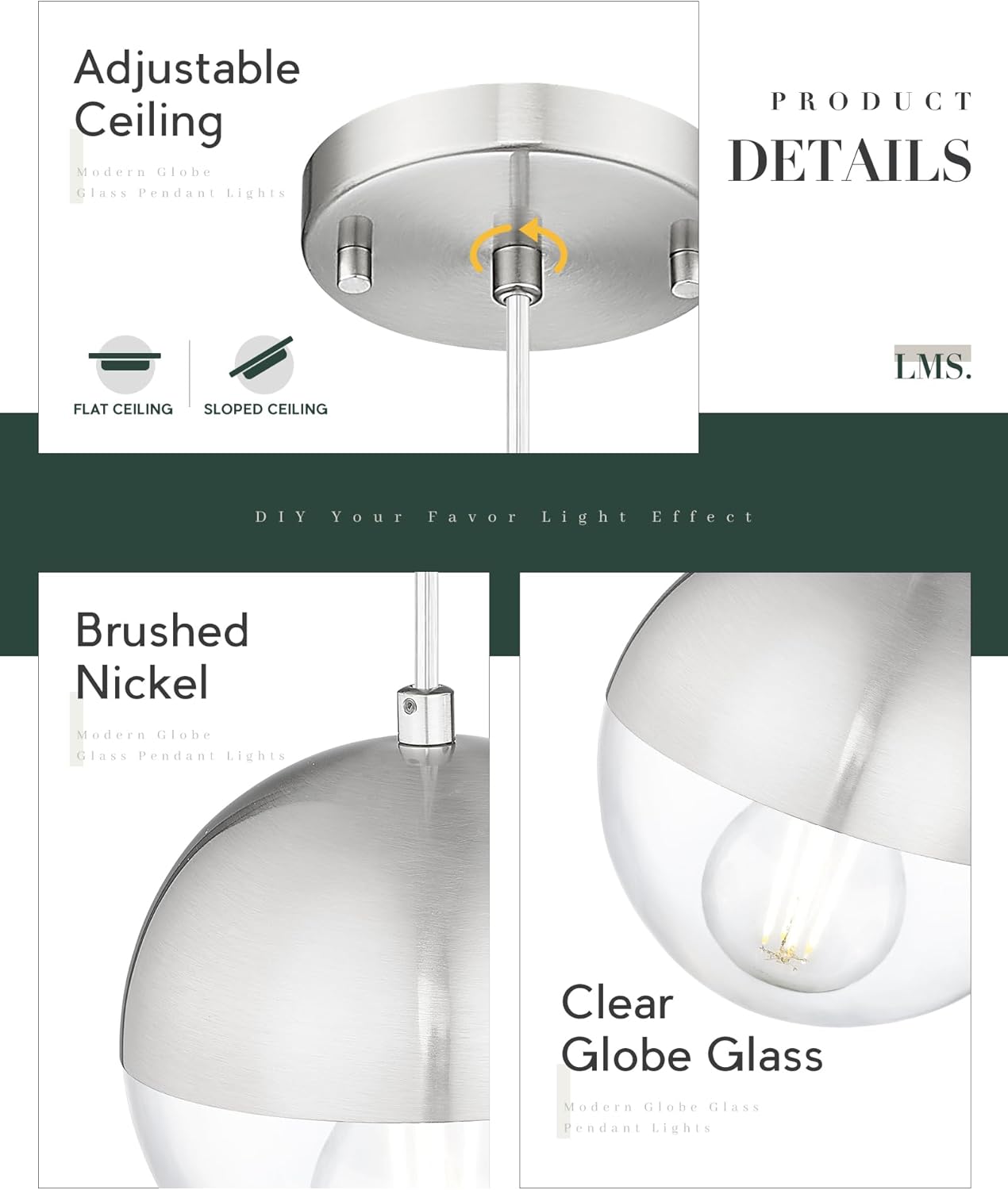 LMS 6-inch Industrial Pendant Light, Brushed Nickel Hanging Light Kitchen Island with Clear Globe Glass, Adjustable Hanging Pendant Light Fixtures for Dining Room Living Room Guest Room, LMS-186BNCS