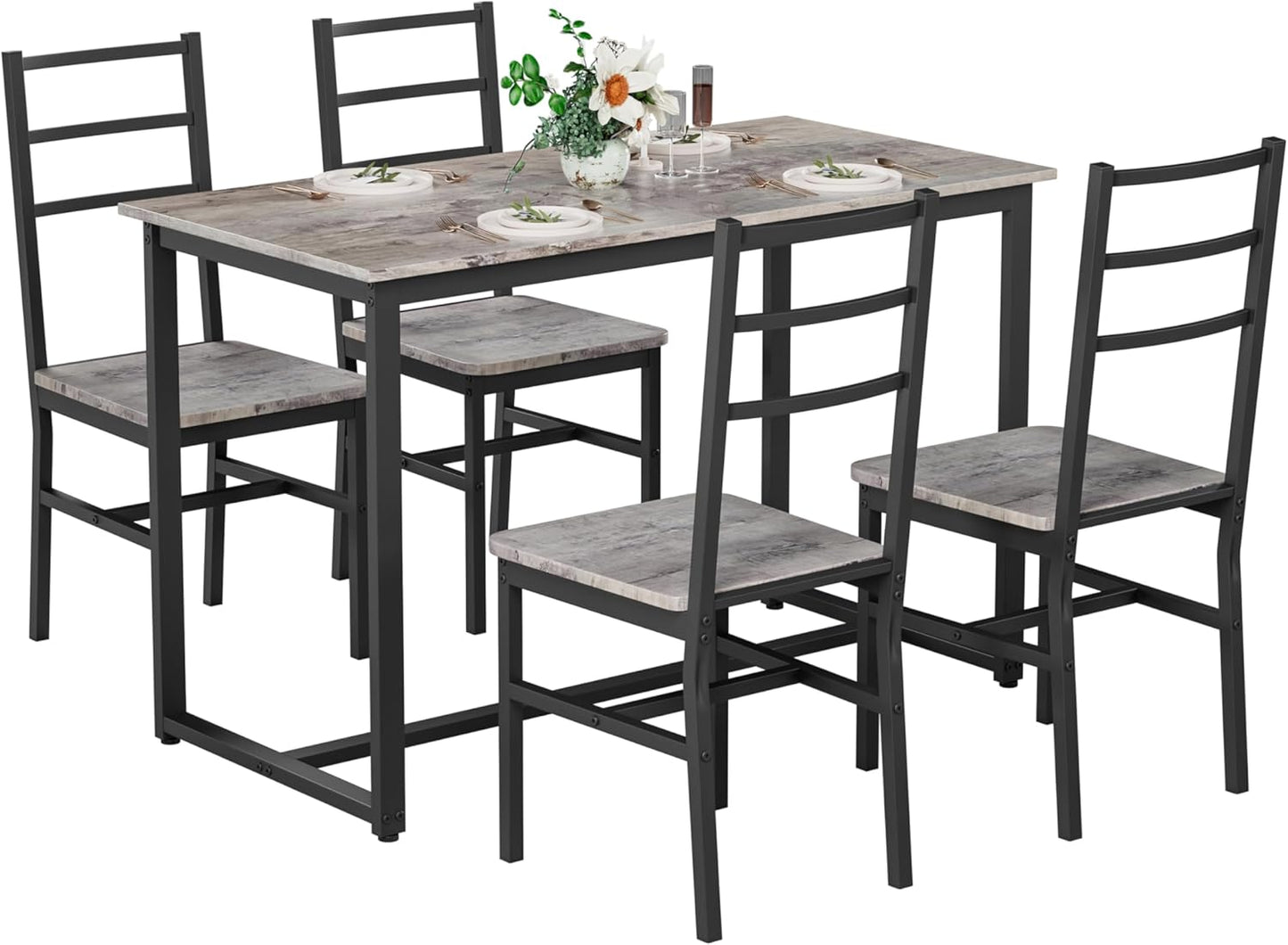 Ball & Cast Dining Table Set with Long Table and 4 Chairs,5-Piece Living Room Furniture W/ 47" Rectangle Kitchen Table & Backrest Chair,for Small Space,Apartment,Dining Room,Gray