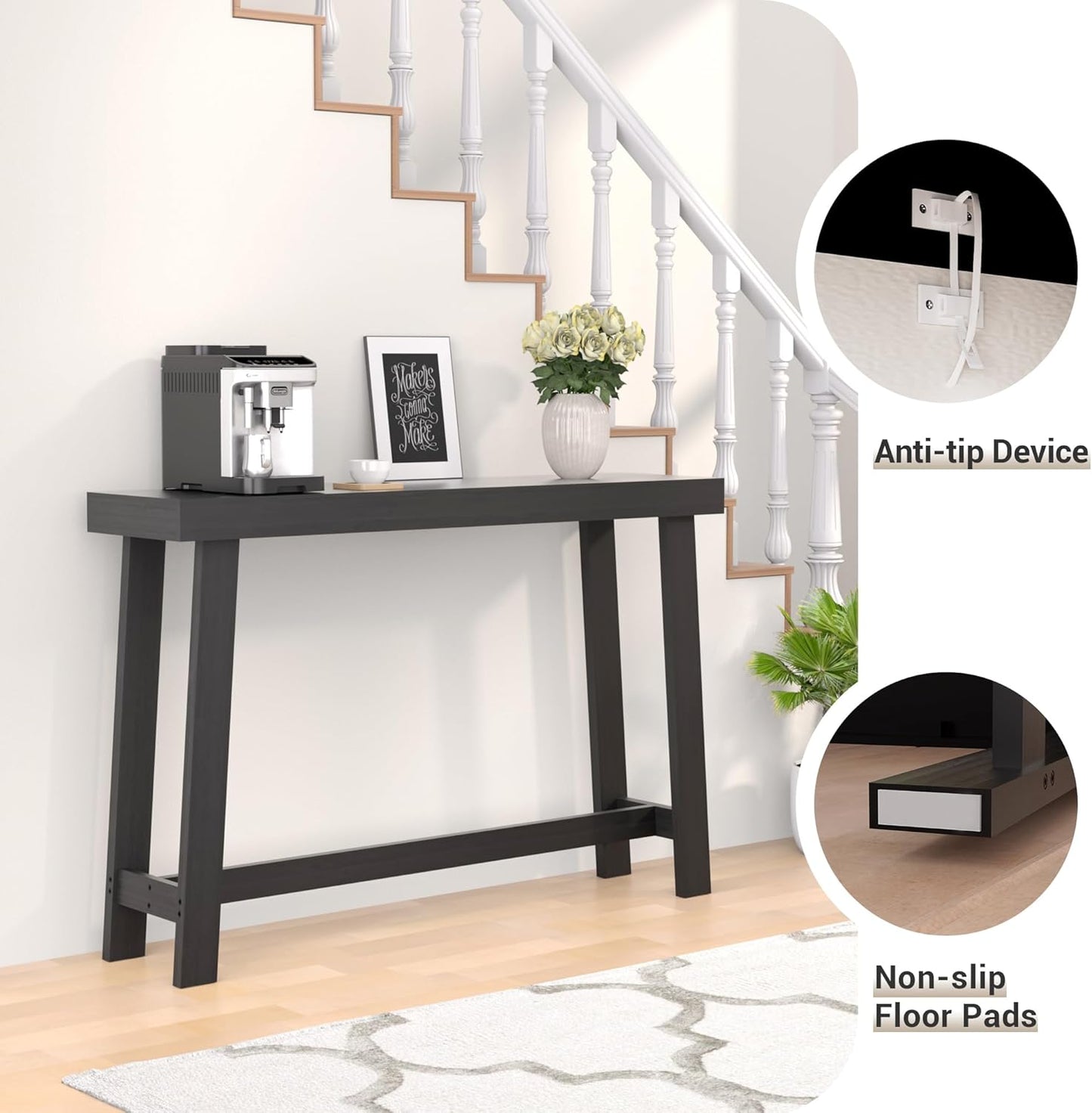 Bamboo Wood Entryway Table 47.2" Console Table, Narrow Sofa Table with Support Beam for Entrance, Hallway, Living Room, Bedroom, Foyer(Black)