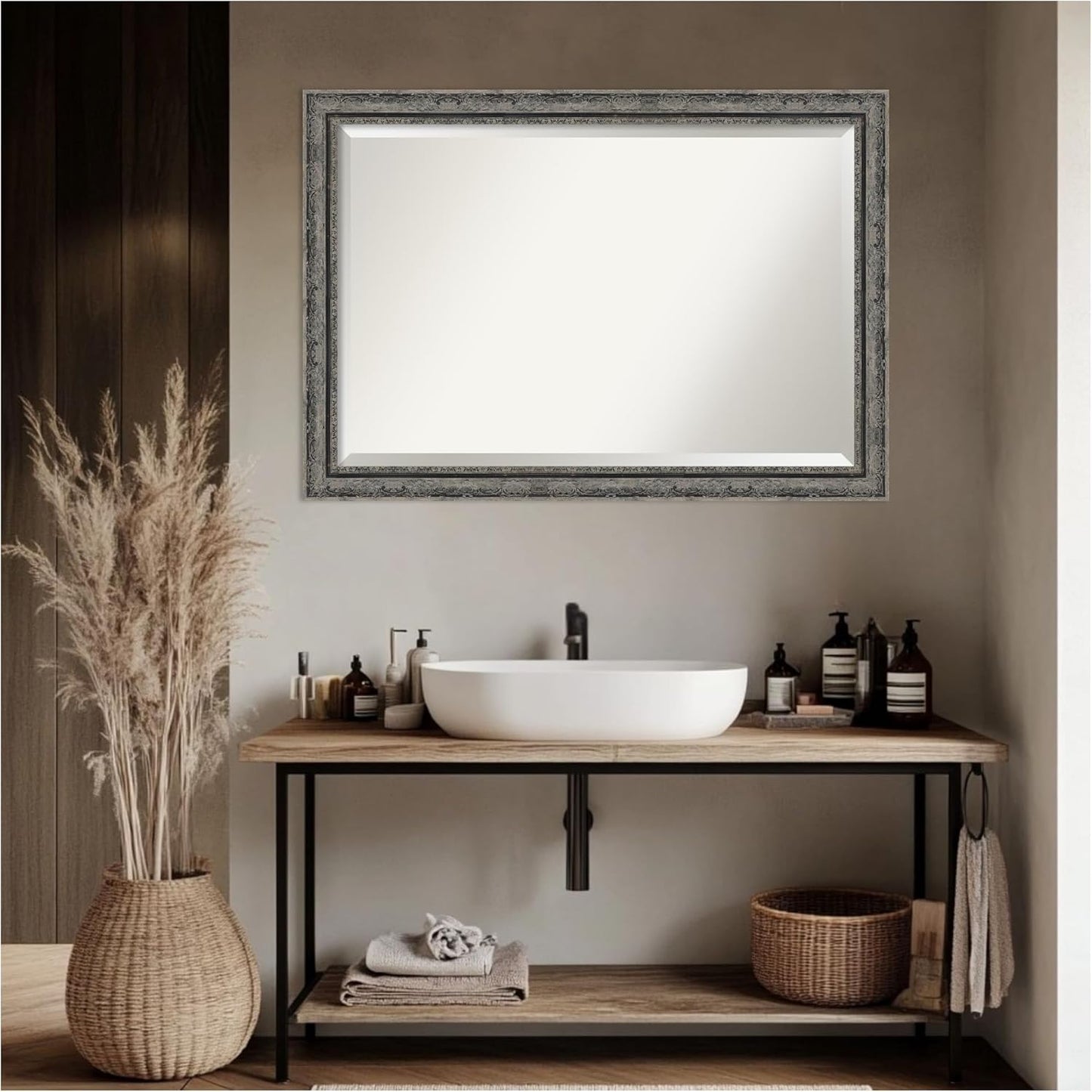 Amanti Art Bathroom Mirror for Over Sink, 29x41 Filigree Matte Black Rectangle Vanity Mirror, Large Traditional Frame, Hangs Horizonally and Vertically, Bathroom Wall Decor, Beveled Edge