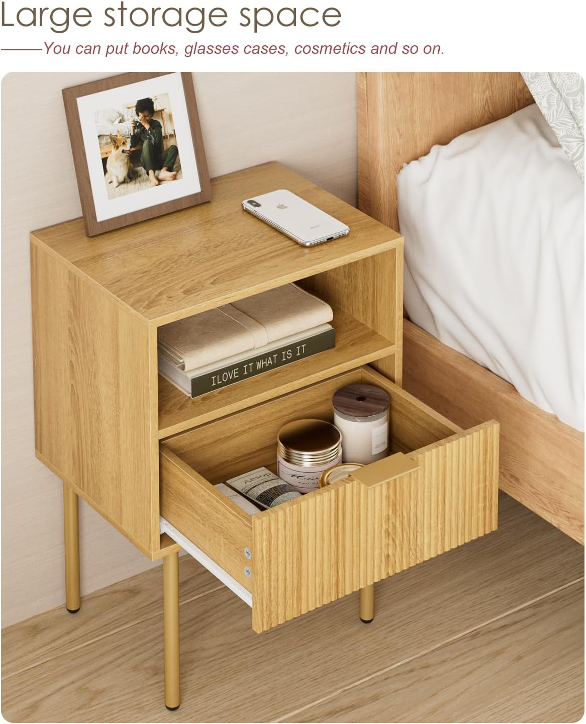 Nightstand,Morden Bedside Table with Gold Frame,Small White Night Stand,End Table,Bedside Furniture,Side Table with Drawer and Shelf for Bedroom,Living Room (1Drawer, Oak)