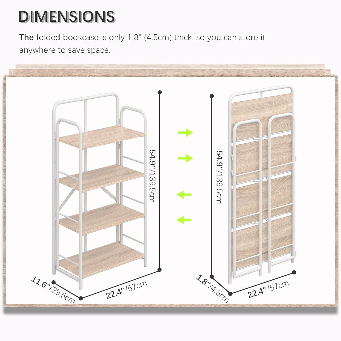 4NM No Assembly Folding Bookshelf 4 Tiers Vintage Industrial White Book Shelf Metal Foldable Storage Bookcase and Bookshelves for Living Room,Bedroom and Kitchen - Natural
