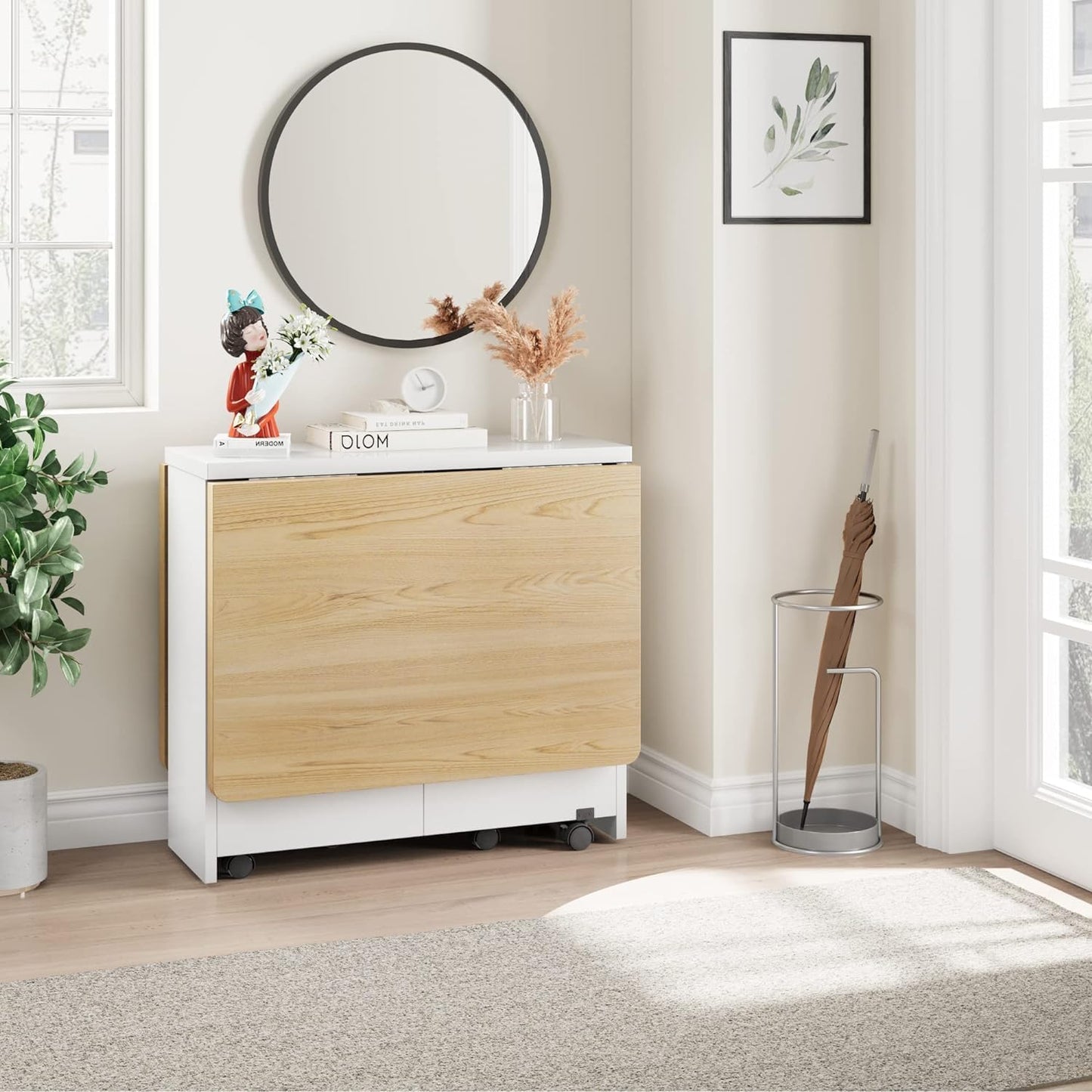 GarveeHome Folding Dining Table, Space Saving Farmhouse Dining Table for 4 Storage Shelf, 6 Wheels Multipose Expandable Kitchen Drop Leaf Table for Small Space (Pear Wood, 47.2"D x 23.6"W x 29.5"H)