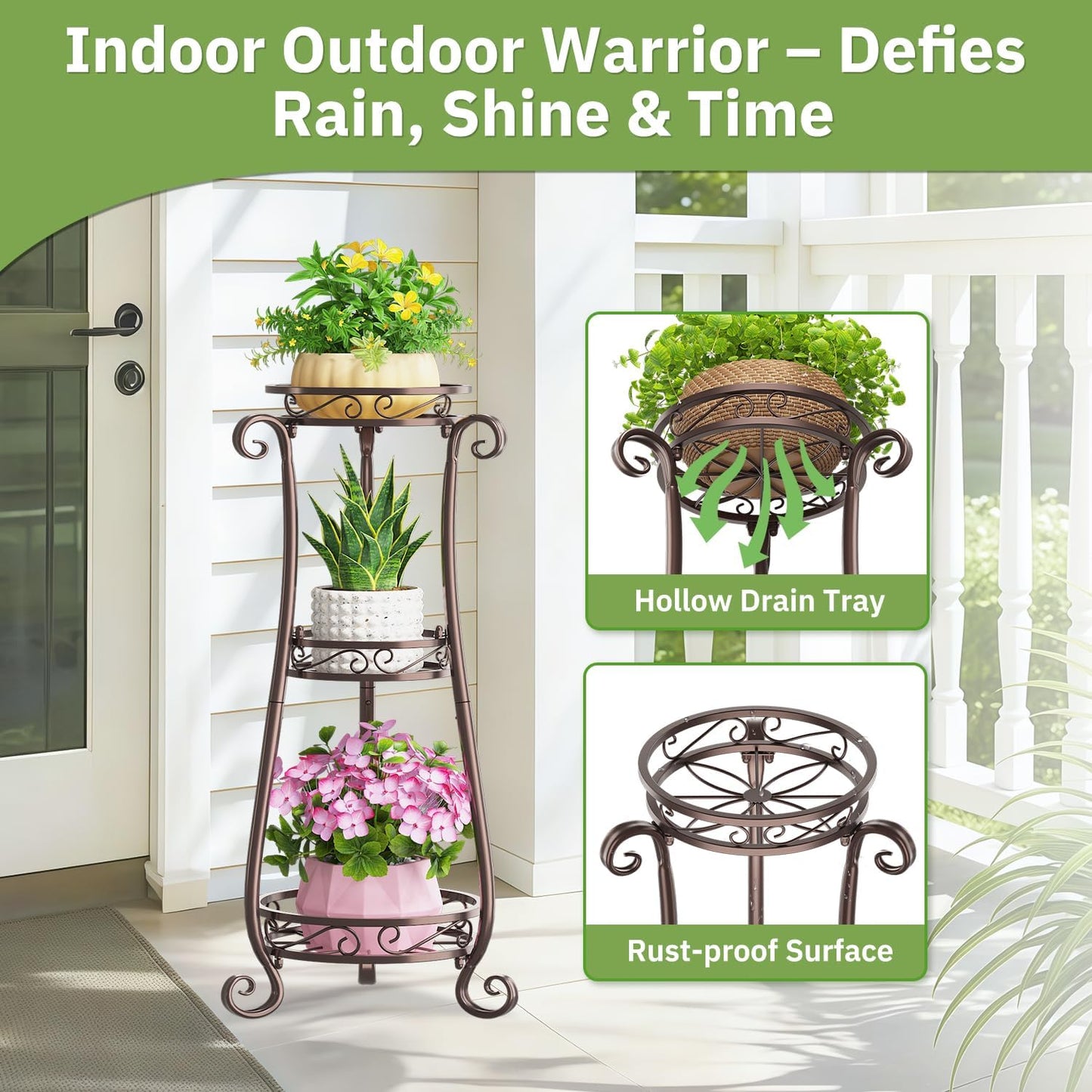 KMOTASUO 3 Tier Metal Plant Stand for Multiple Large Planters Indoor Outdoor Organizer, Heavy Duty Tall Flower Rack for Corner Patio Bathroom Office Corner, Modern Sturdy Vertical Iron Rack, Bronze