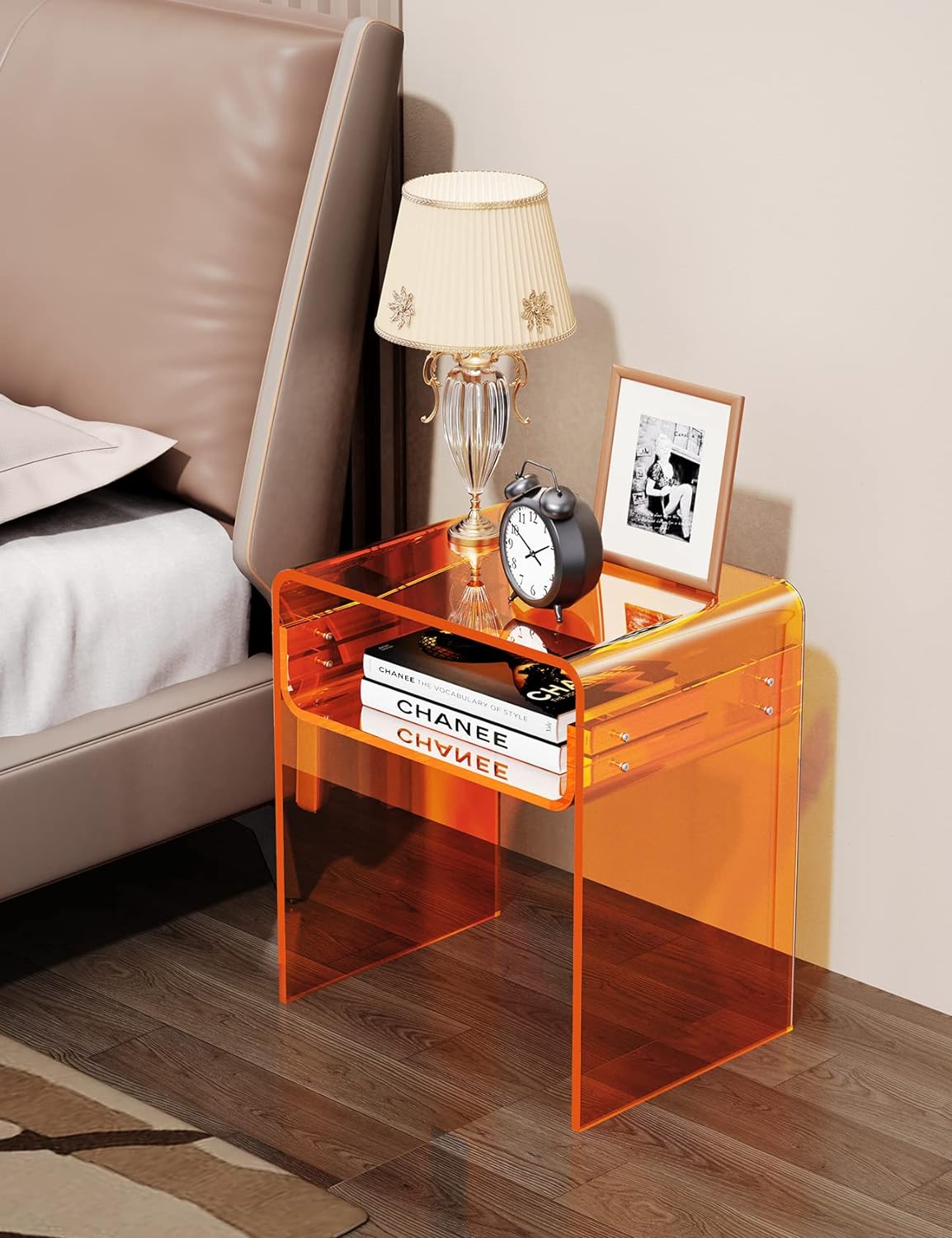 Clear Acrylic End Table 2-Tier Bedside nightstand for Living Room Bedroom Home Decor (Orange)