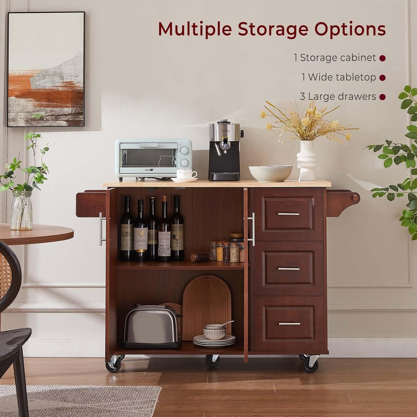 Walnut 54" Rolling Kitchen Island Cart with Storage, Large Kitchen Cart with Folding Drop Leaf Breakfast Bar, Wood Island Table with 3 Drawers and Spice Rack & Towel Rack, Brown