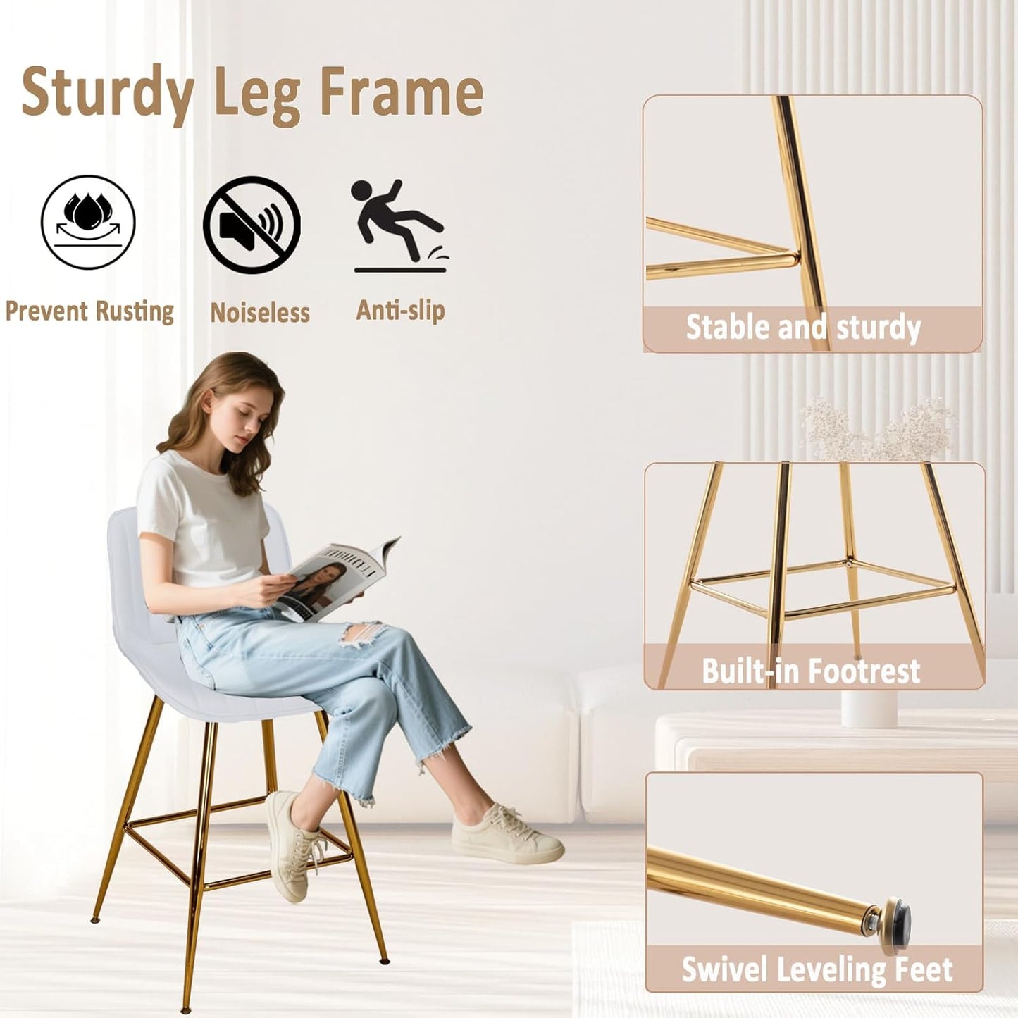 Sidanli Gold Barstools Set of 2, White Bar Stools with Gold Legs, Velvet Stools for Kitchen Island, 24inch Luxury Barstools with Adjustable Footrests