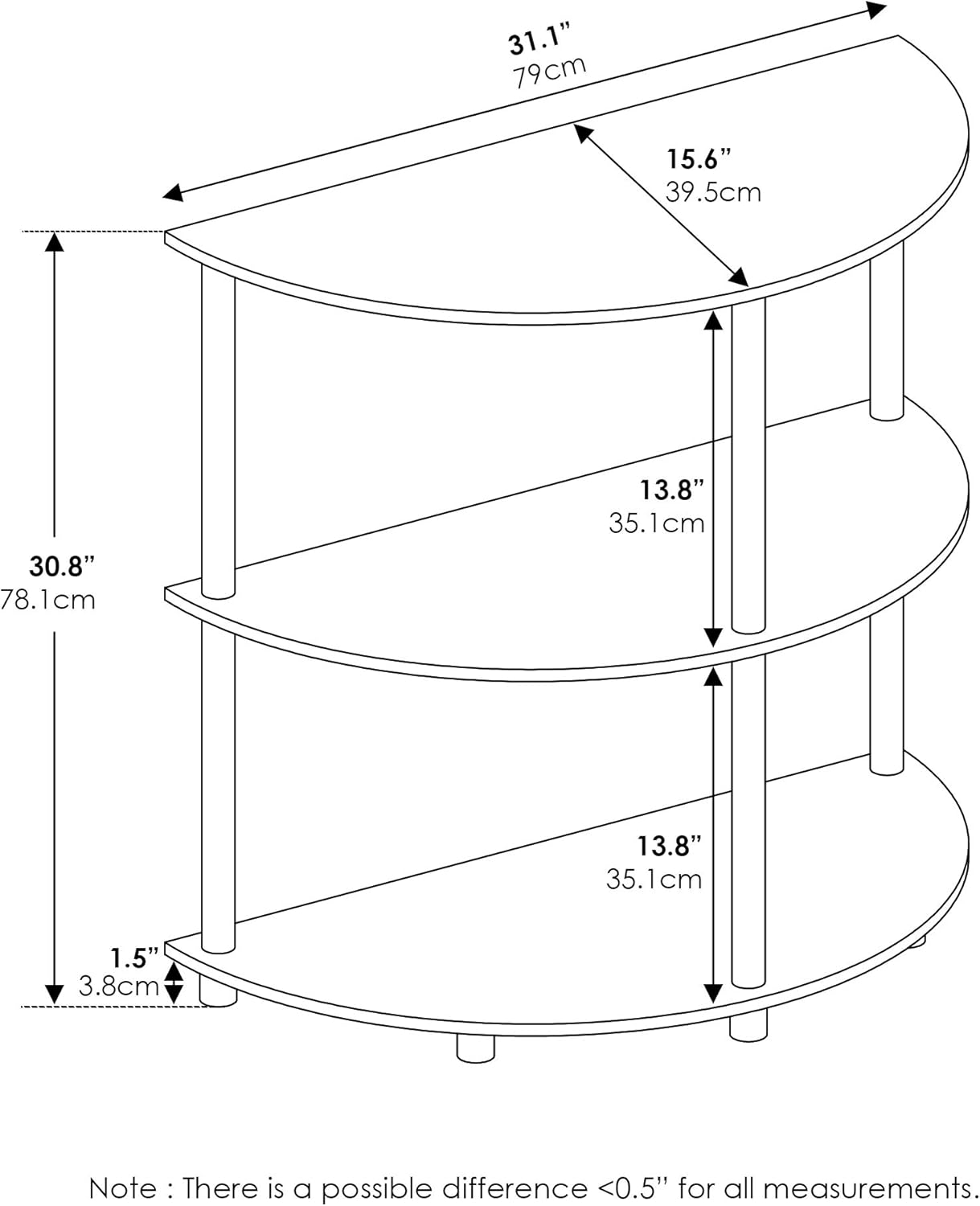 Furinno Frans Turn-N Half Round Console Table with Stainless Steel Tubes, Black Oak 15.6D x 31.1W x 30.8H in