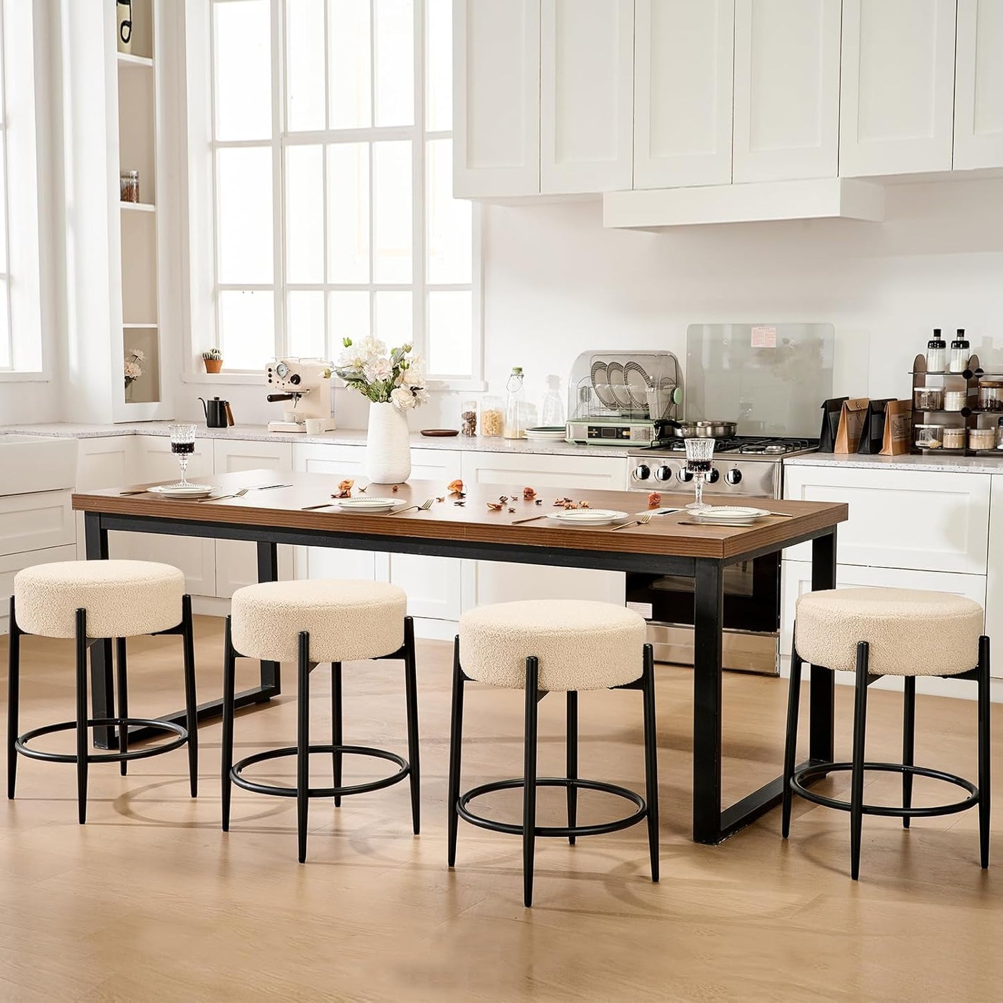 Modern Dining Chairs Set of 4, 23.6" Beige Round Backless Boucle Sherpa Upholstered Dining Chair with Solid Metal Legs for Kitchen, Living Room