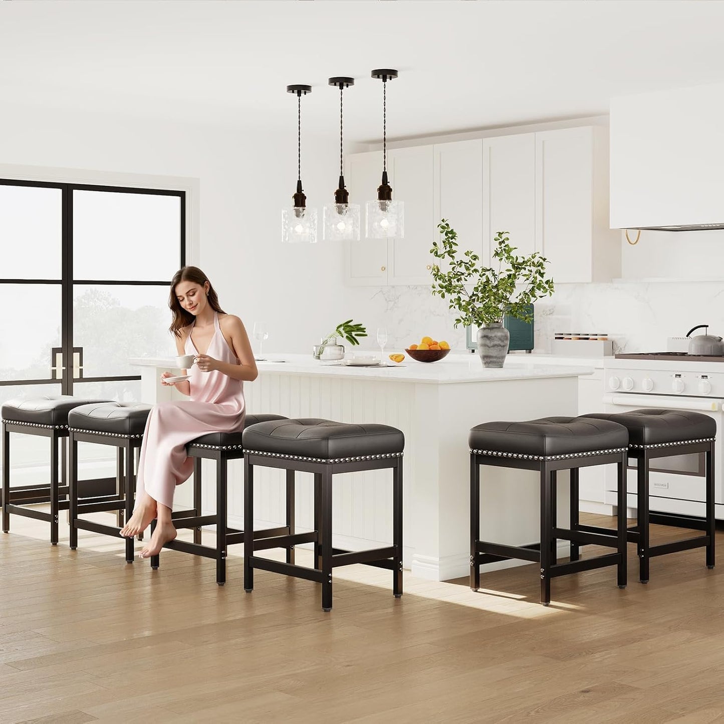 MALOL Set of 4 Saddle Bar Stools Counter Height 24.4”, Backless Barstools for Kitchen Island, Modern PU Leather Cushioned Seat, Bar Chairs for Kitchen Counter, Breakfast Bar Stools for Home,Black