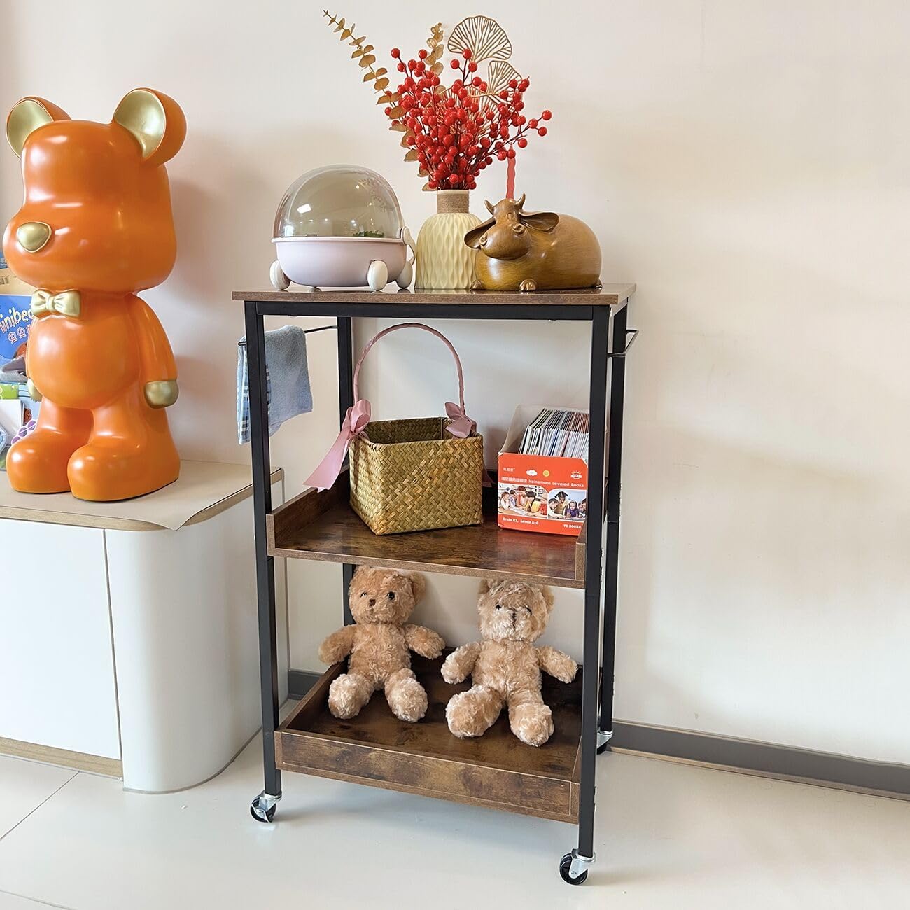 3-Tier Rolling Utility Cart with Table Top- Wooden Utility Cart wit Wheels- Kitchen Storage Microwave Table Stand, Mesh Shelves, for Living and Kitchen Room Office (Brown)