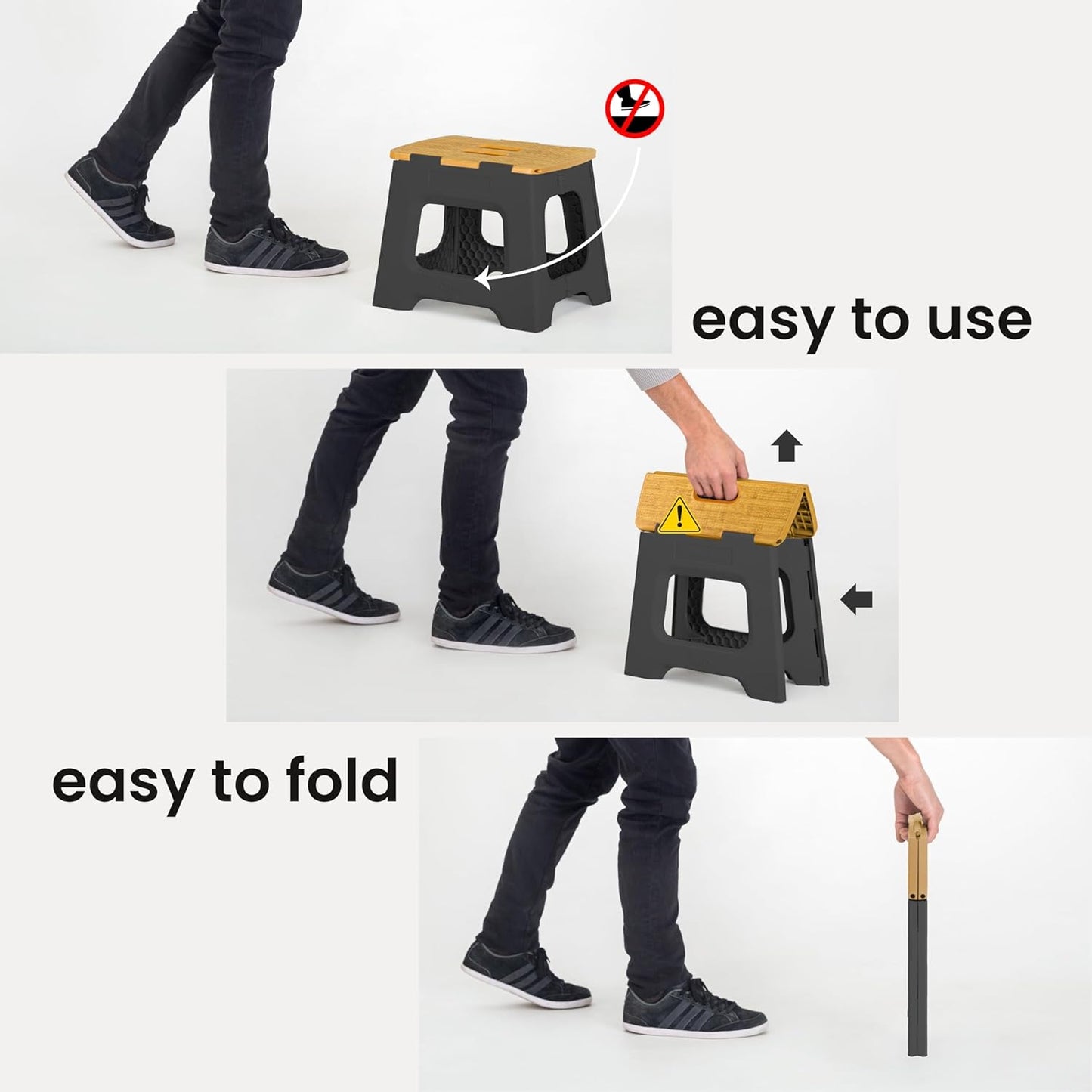 Vigar Compact Step Stool Foldable, 12-1/2-inch Step Stools for Adults up to 330 Pound, Lightweight Stool, Non-Slip Folding Step Stool, Black, Bamboo Print on Top