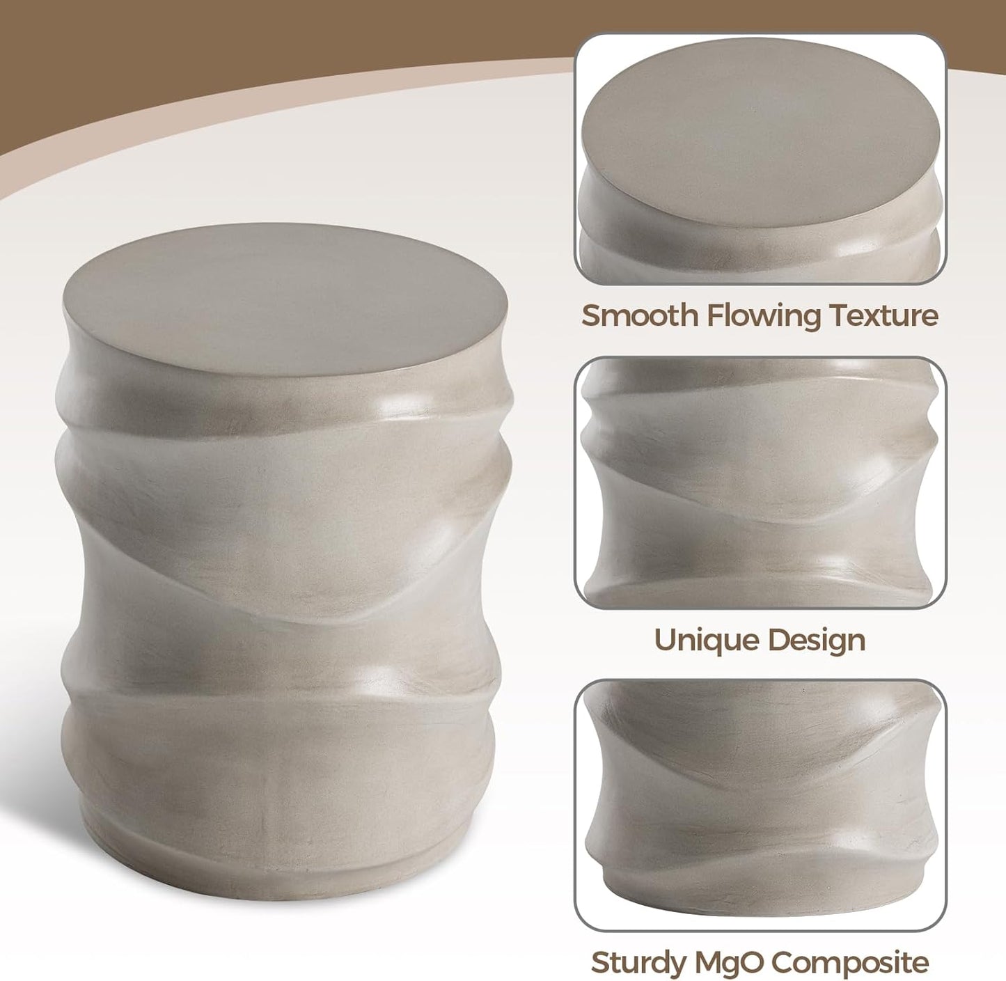 COSIEST Set of 2 Outdoor Side Table, 2 Pieces Concrete Table for Patio, Streamlined Lightweight Accent Decorative Patio Garden Stools, Plant Stand Drum Table, Round, Grey