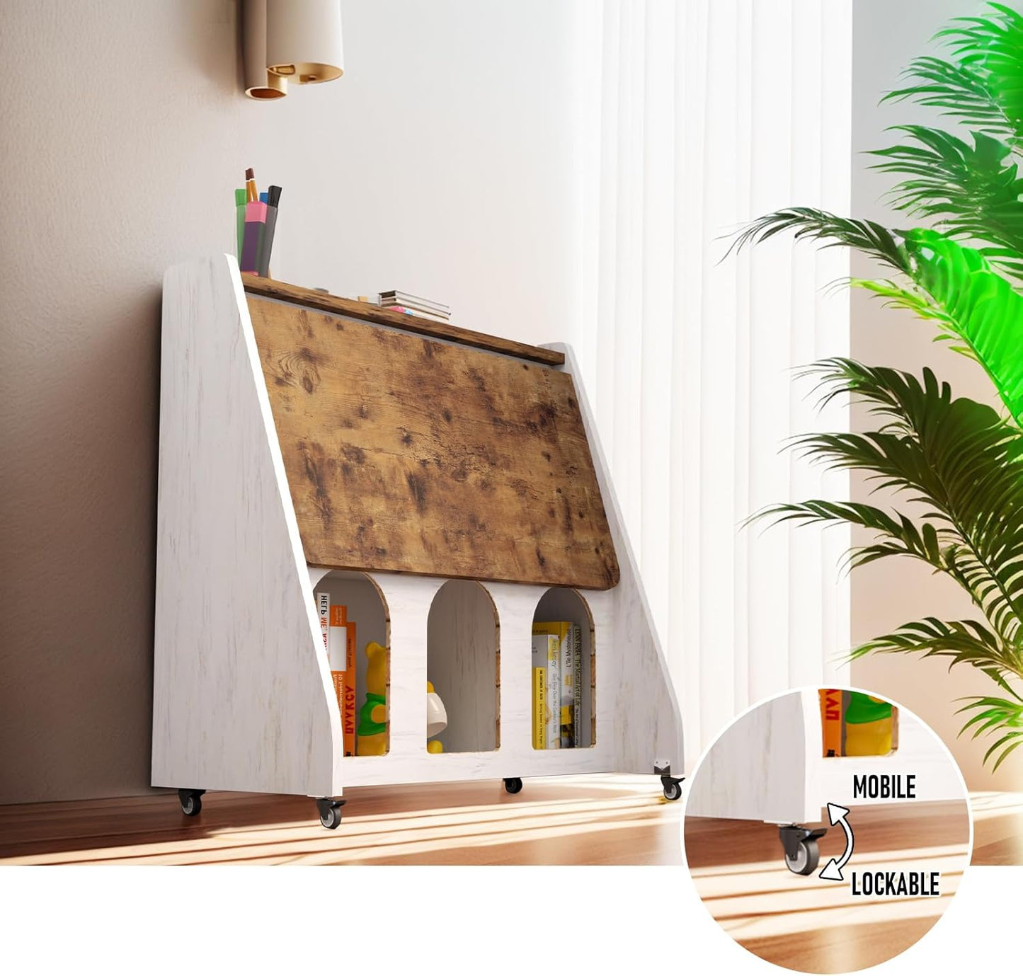 Pmnianhua Home Office Desk with Wheels,Multipurpose Mobile Workstation,Rolling Computer Writing Desk with 4 Lockable Wheels and Storage(Rustic Brown)